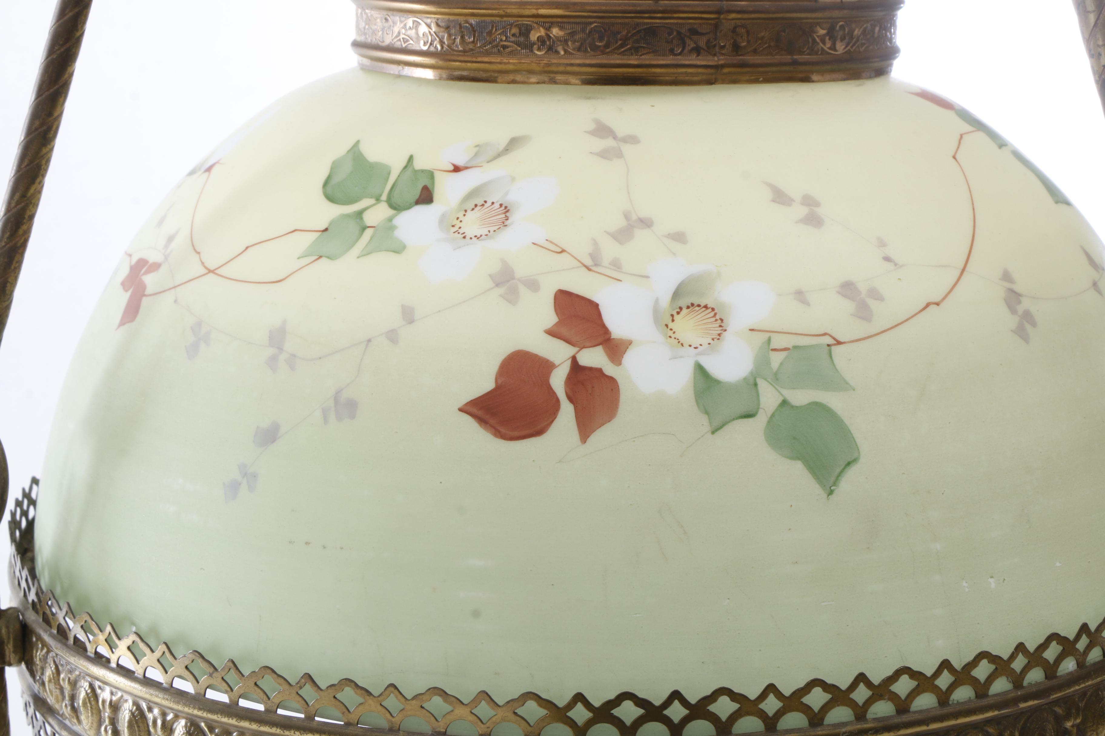 Victorian Duplex Oil Lamp Chandelier with Hand Painted Glass Shade