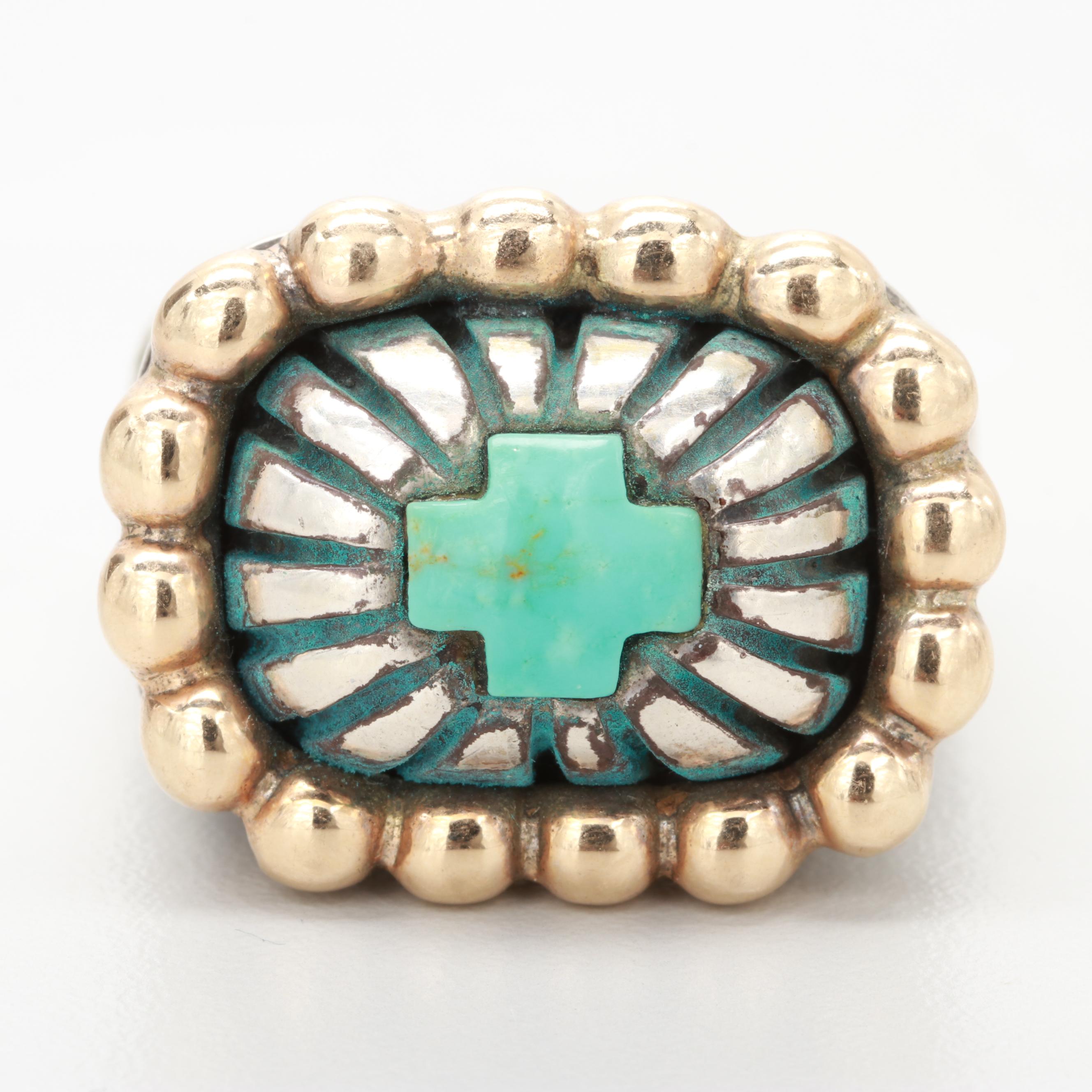 Dian Malouf Sterling Silver Turquoise Ring with 14K Yellow Gold Accents