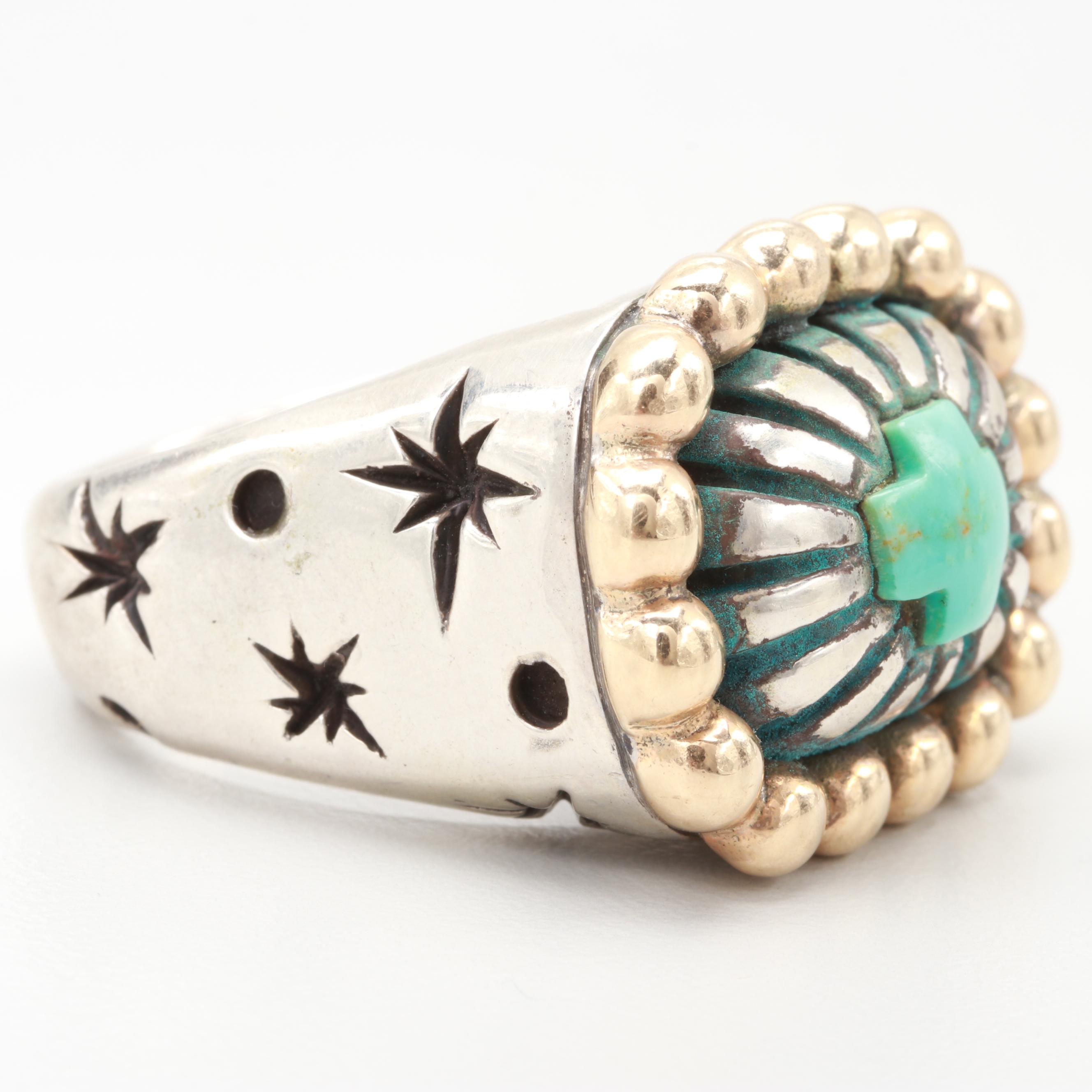 Dian Malouf Sterling Silver Turquoise Ring with 14K Yellow Gold Accents