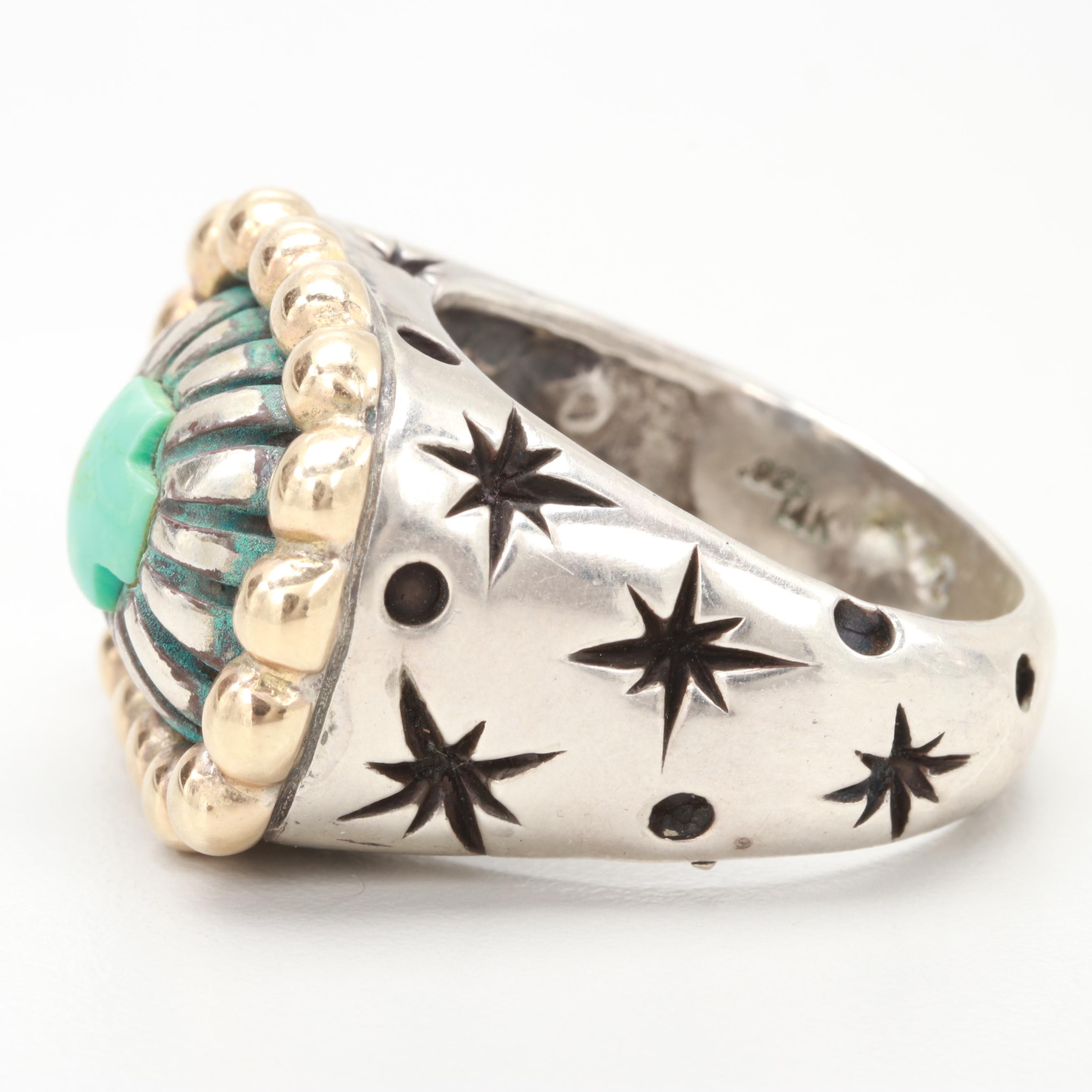 Dian Malouf Sterling Silver Turquoise Ring with 14K Yellow Gold Accents