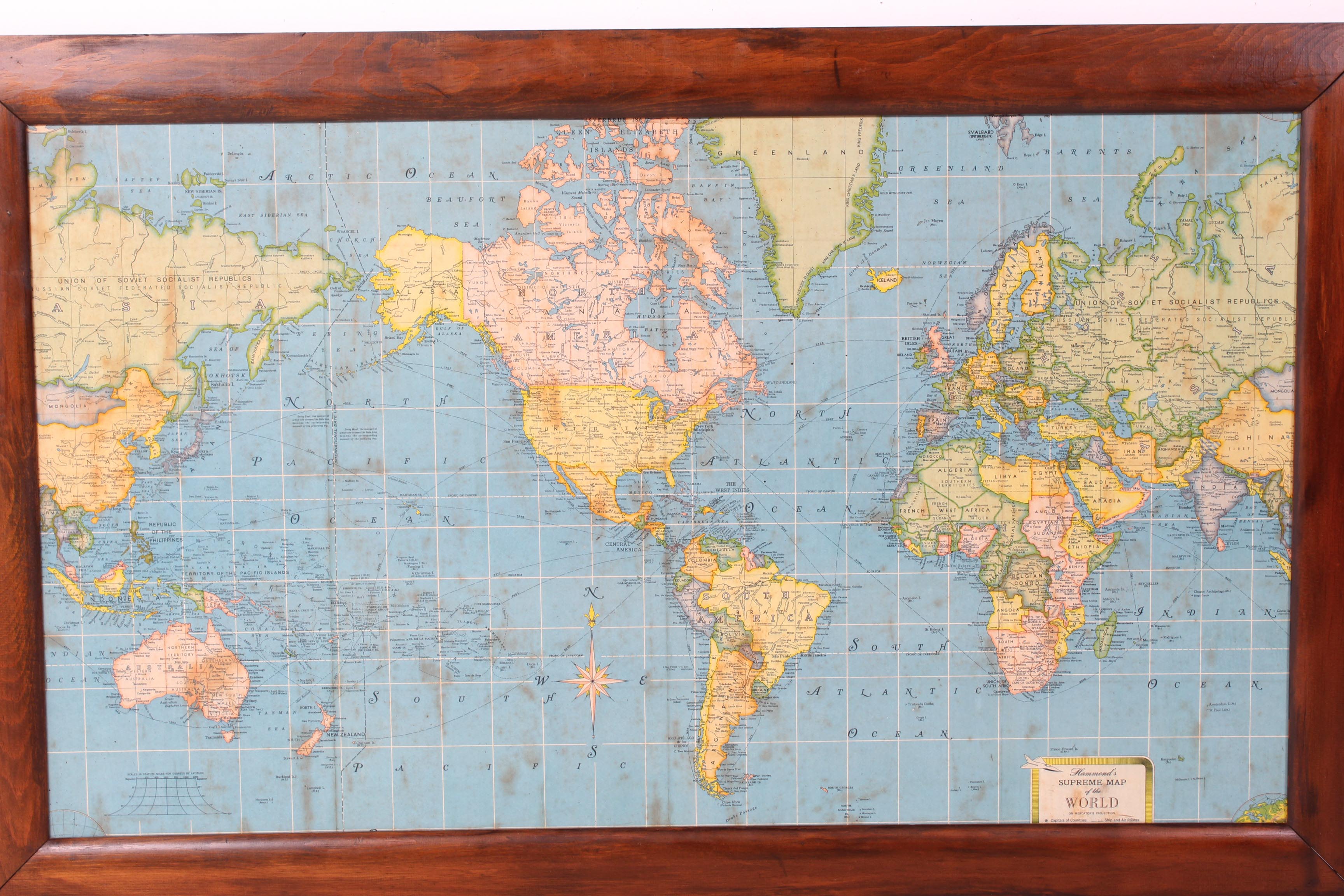 Vintage Mercator Projection Political World Map, circa 1950s