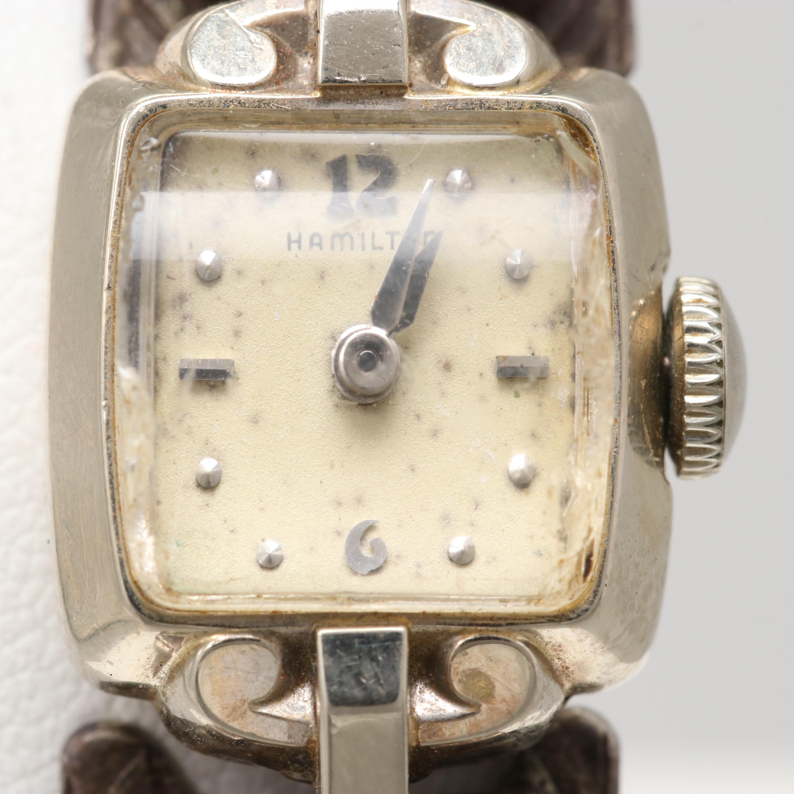 Vintage Hamilton Glenda 14K White Gold Watch With Sterling Silver Bracelet