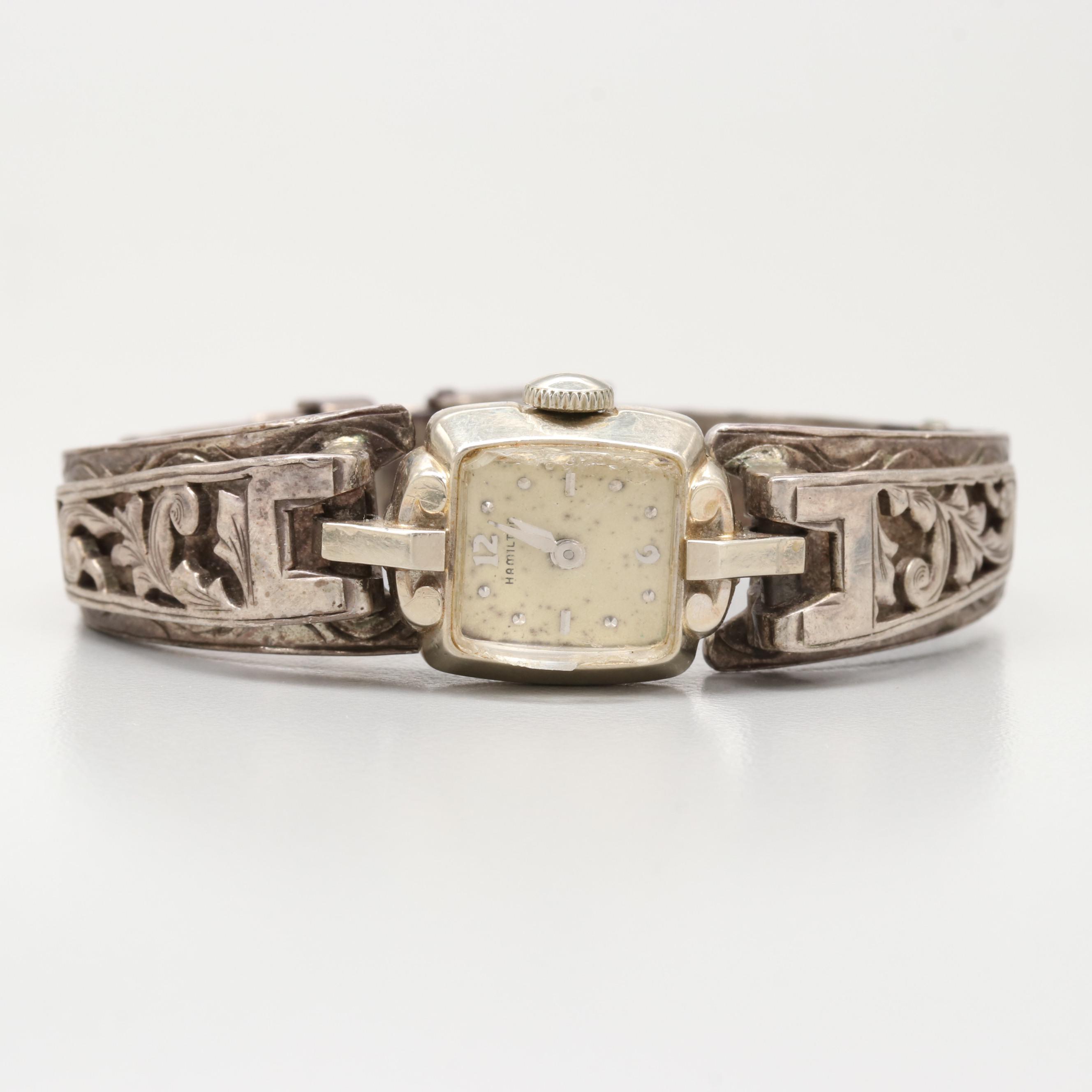 Vintage Hamilton Glenda 14K White Gold Watch With Sterling Silver Bracelet