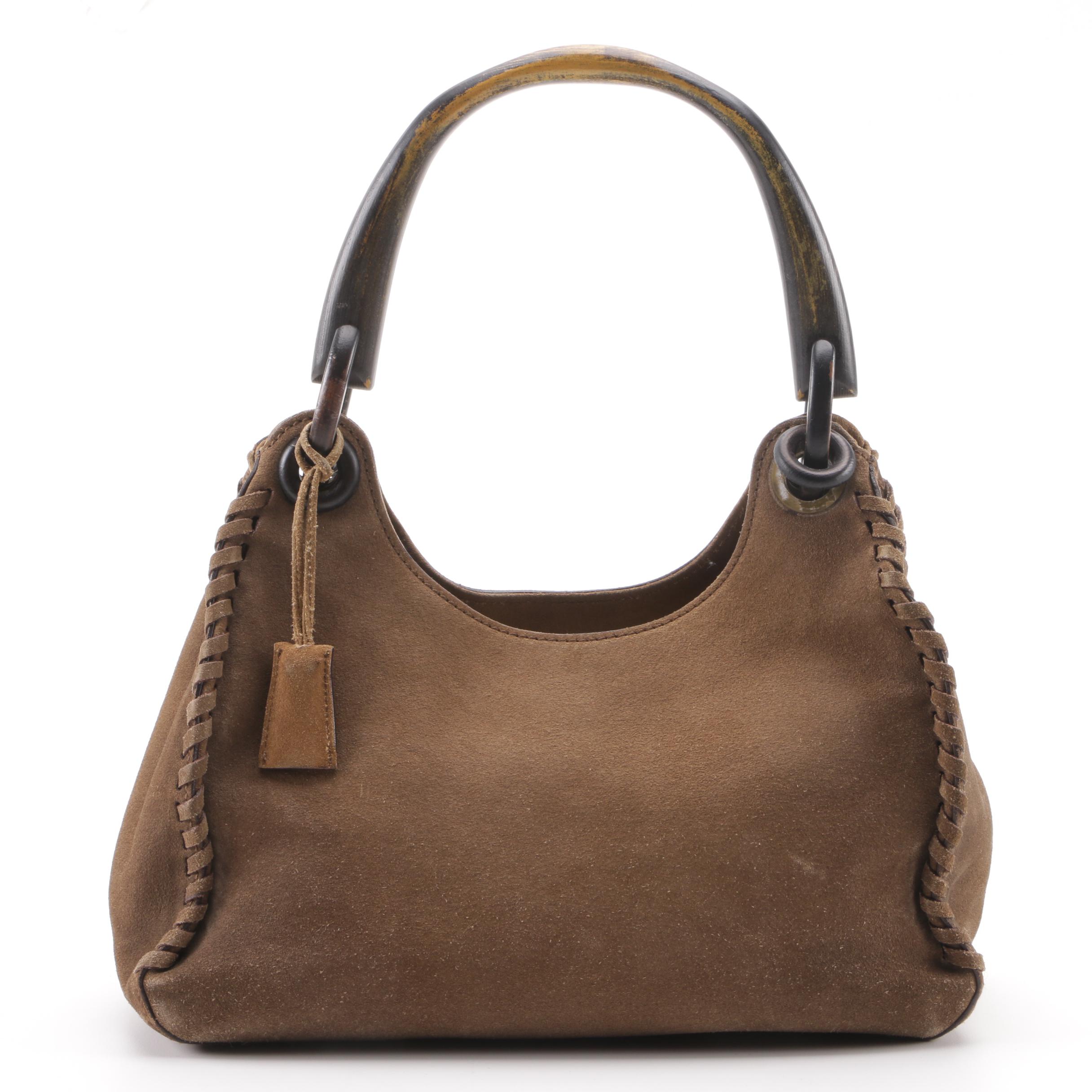 Gucci Brown Suede Whipstitch Wood Handle Hobo Bag