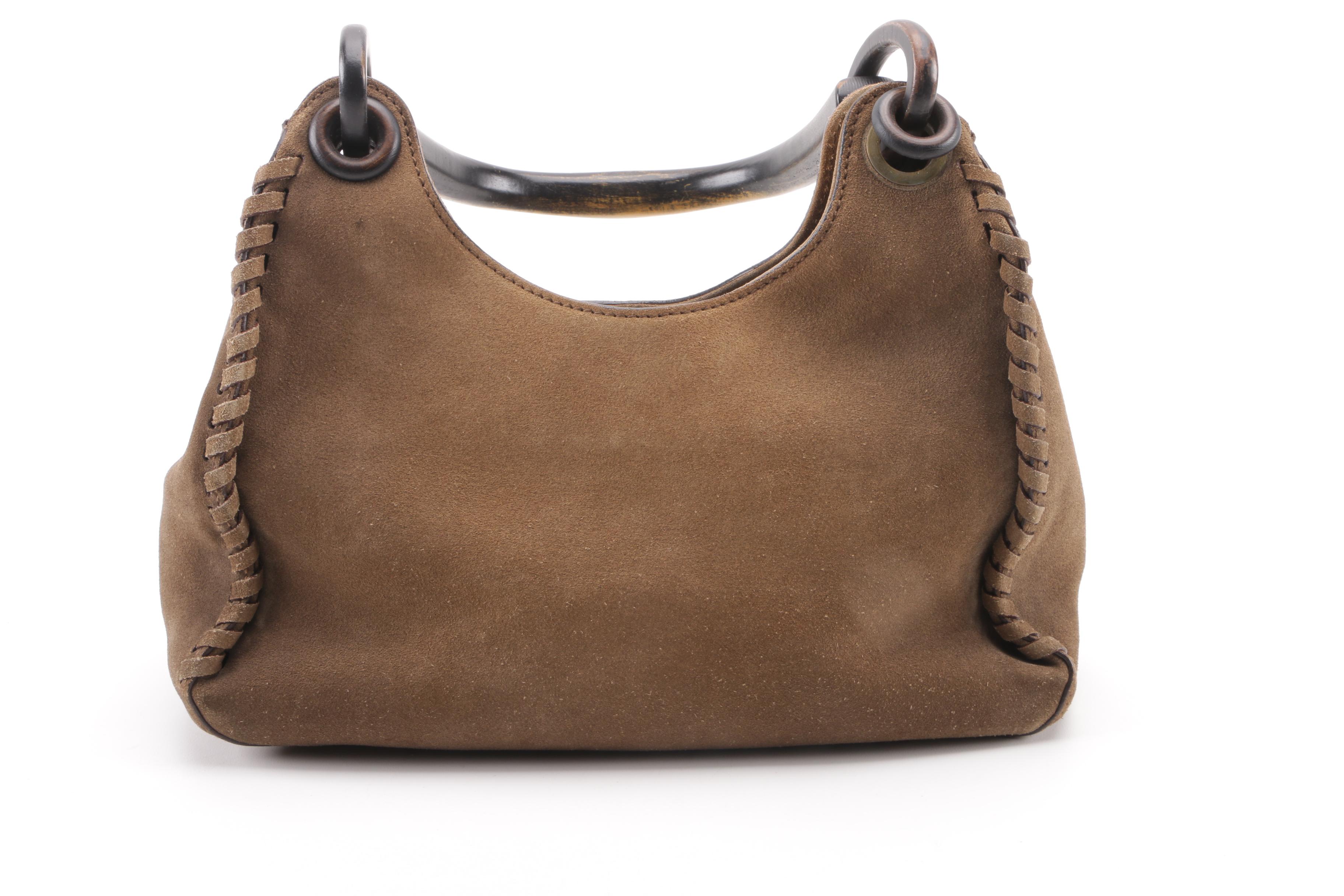 Gucci Brown Suede Whipstitch Wood Handle Hobo Bag