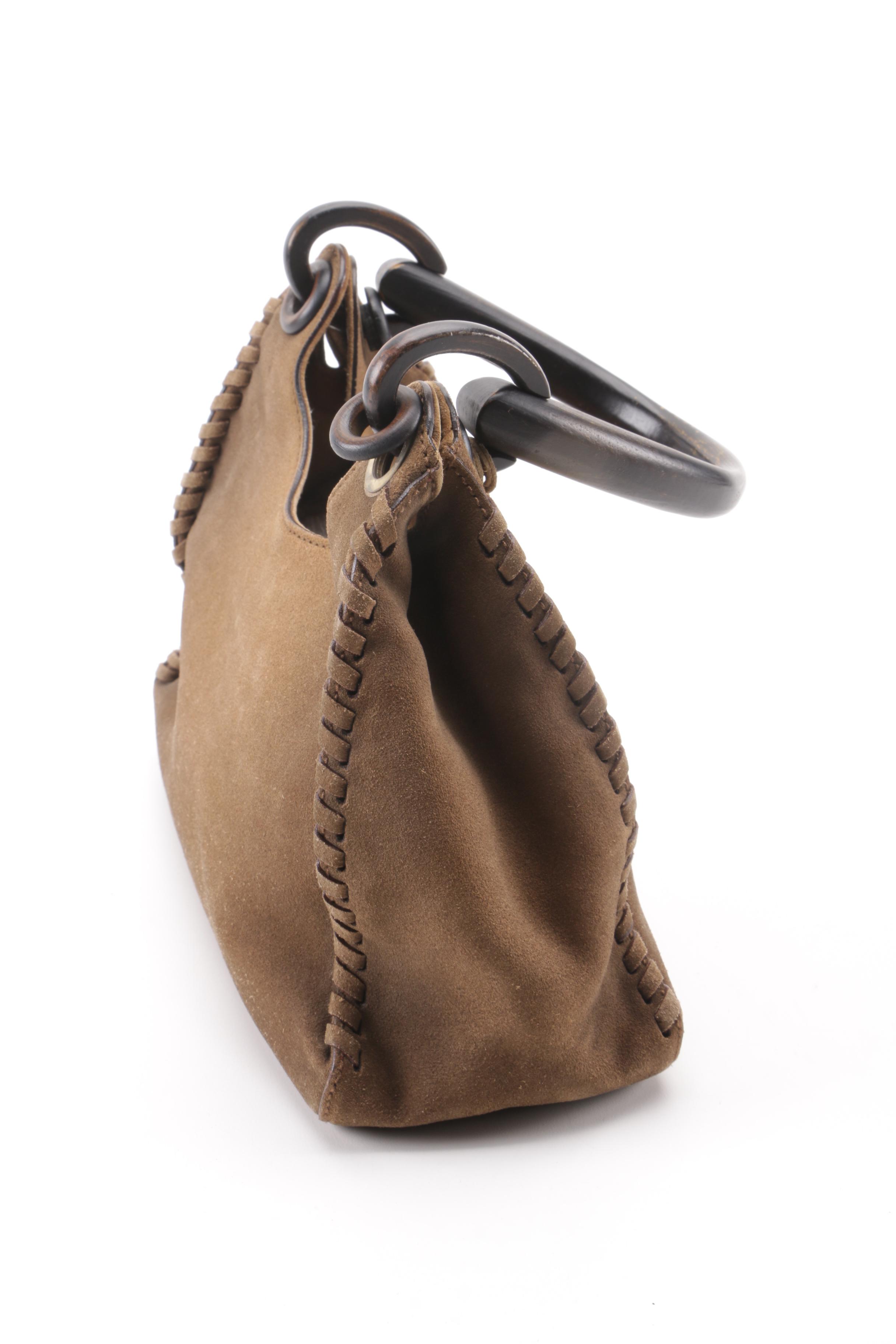 Gucci Brown Suede Whipstitch Wood Handle Hobo Bag