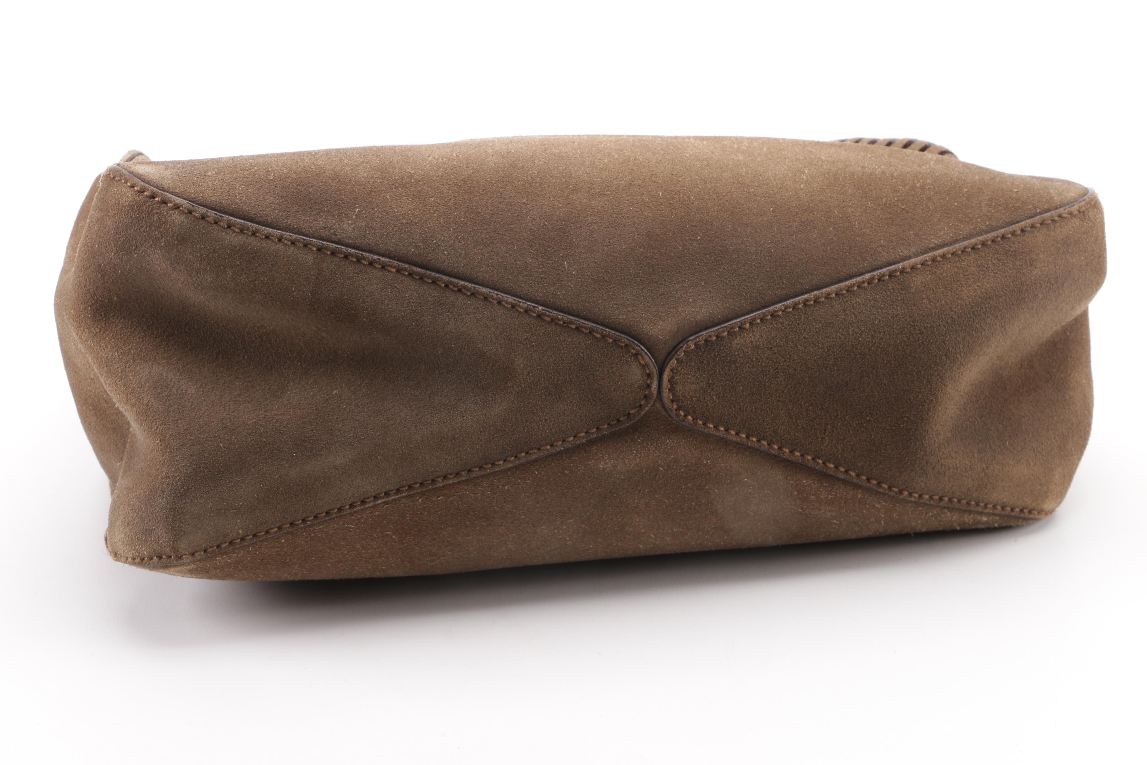 Gucci Brown Suede Whipstitch Wood Handle Hobo Bag