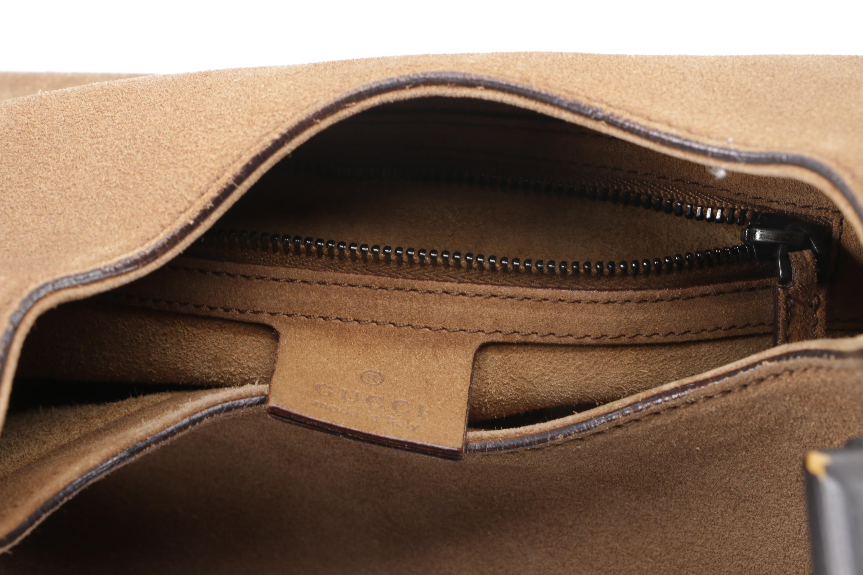 Gucci Brown Suede Whipstitch Wood Handle Hobo Bag