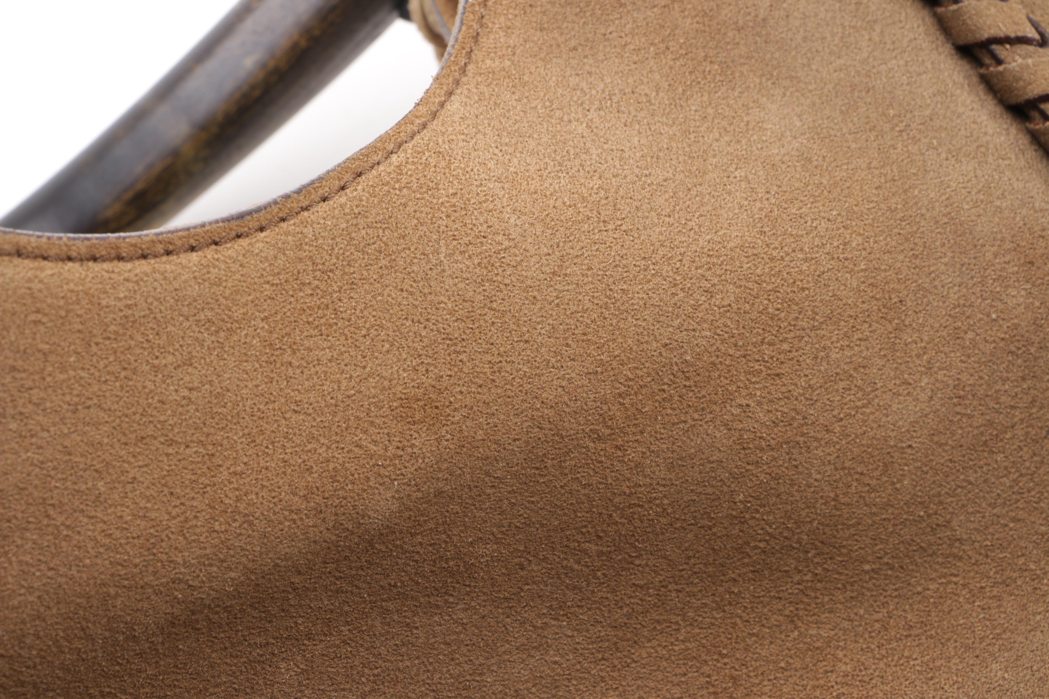 Gucci Brown Suede Whipstitch Wood Handle Hobo Bag
