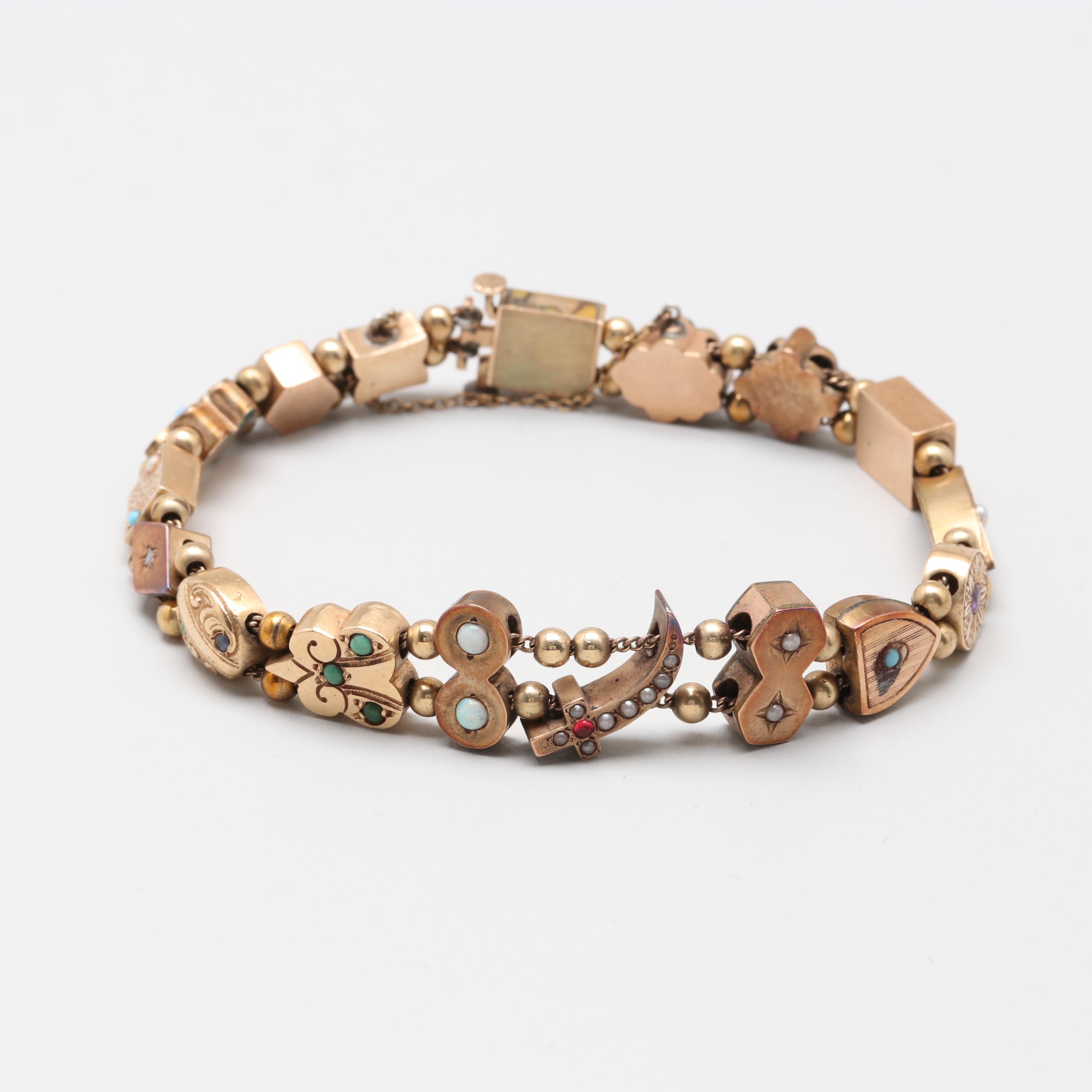 Victorian Gold Tone Seed Pearl, Amethyst and Opal Slide Charm Bracelet