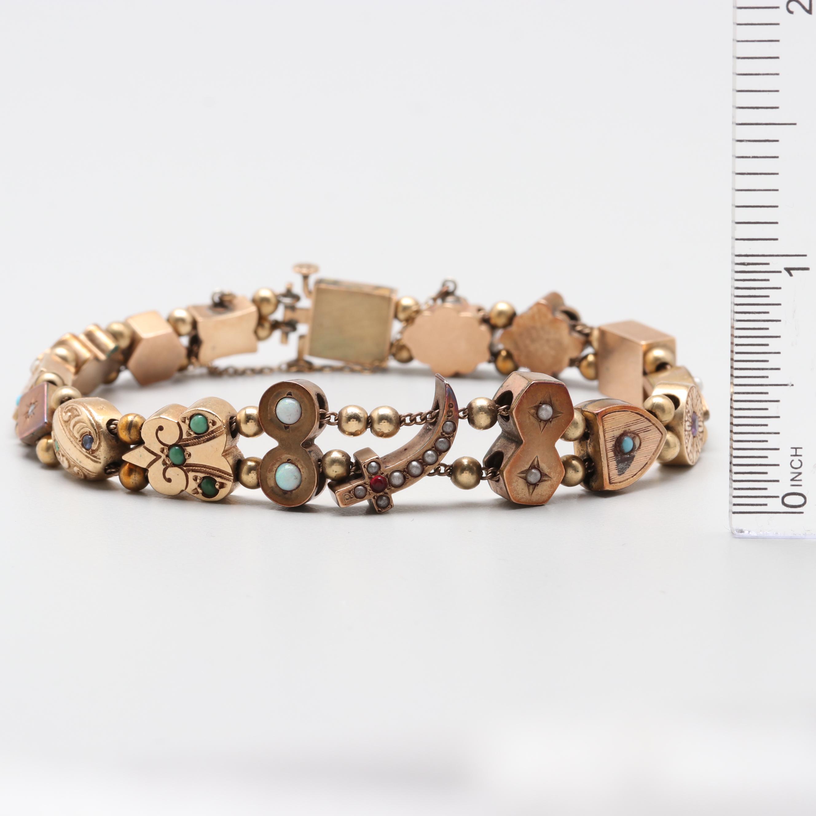 Victorian Gold Tone Seed Pearl, Amethyst and Opal Slide Charm Bracelet