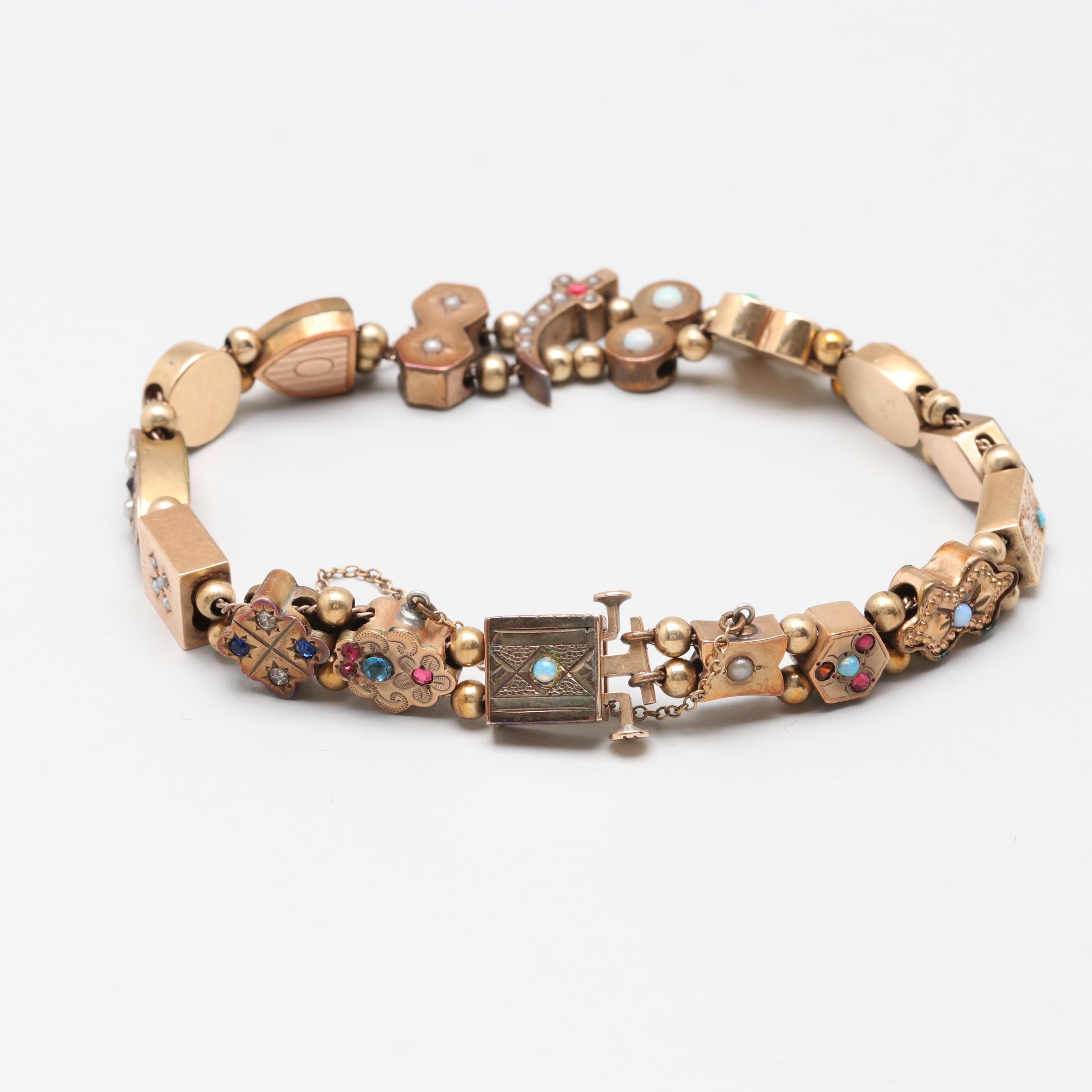 Victorian Gold Tone Seed Pearl, Amethyst and Opal Slide Charm Bracelet