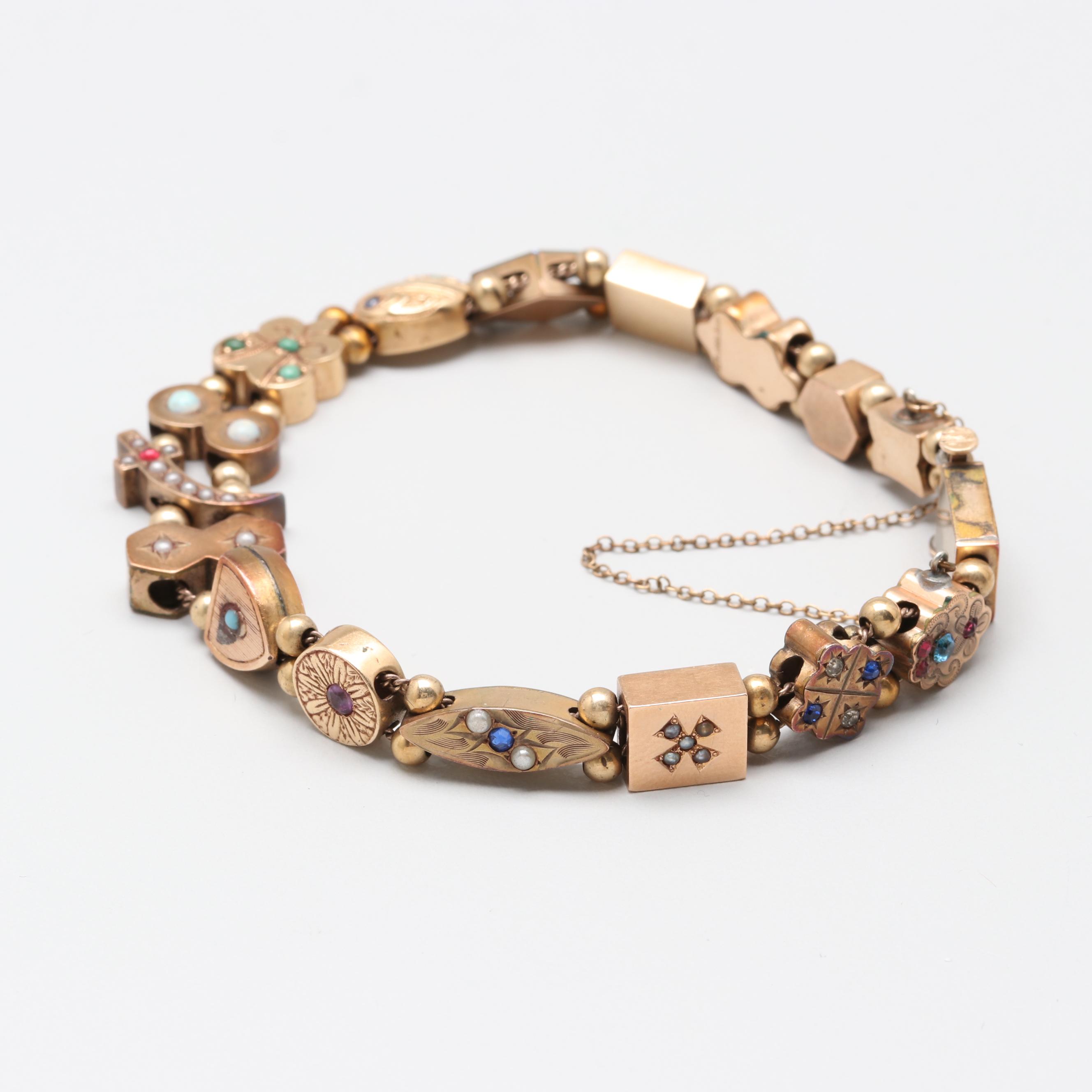 Victorian Gold Tone Seed Pearl, Amethyst and Opal Slide Charm Bracelet