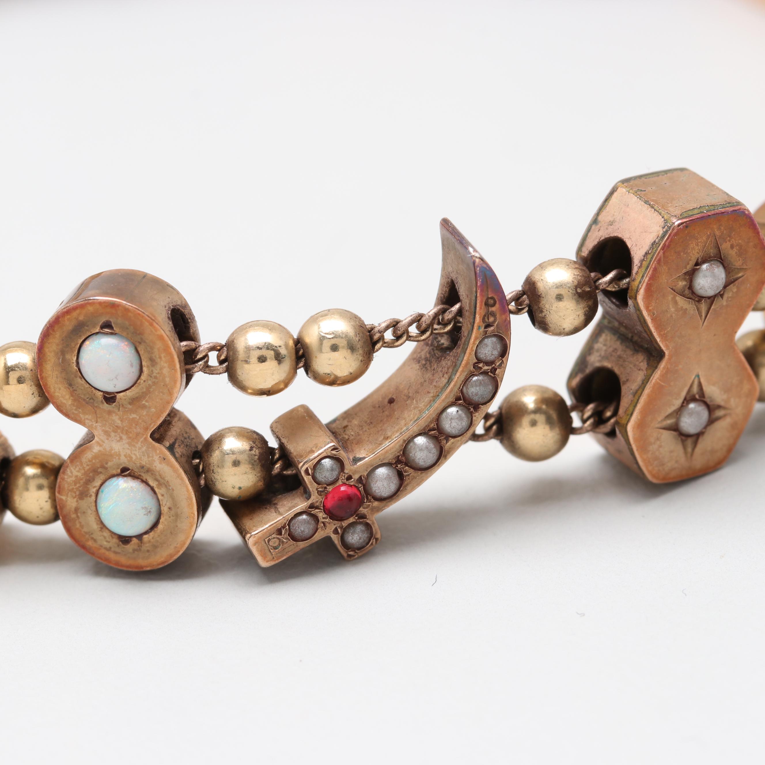 Victorian Gold Tone Seed Pearl, Amethyst and Opal Slide Charm Bracelet