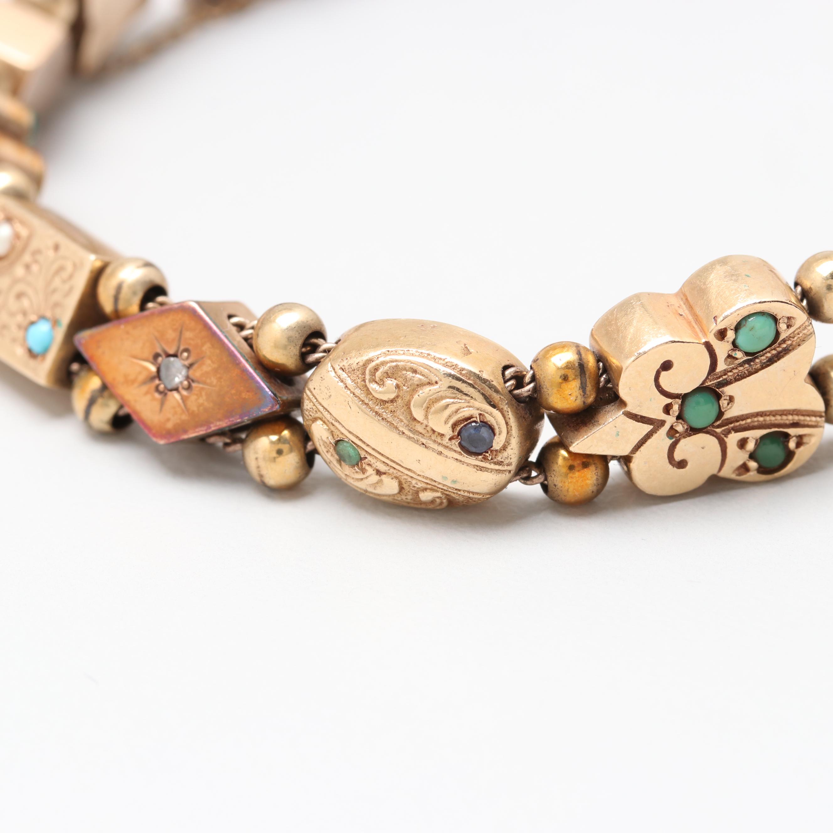 Victorian Gold Tone Seed Pearl, Amethyst and Opal Slide Charm Bracelet