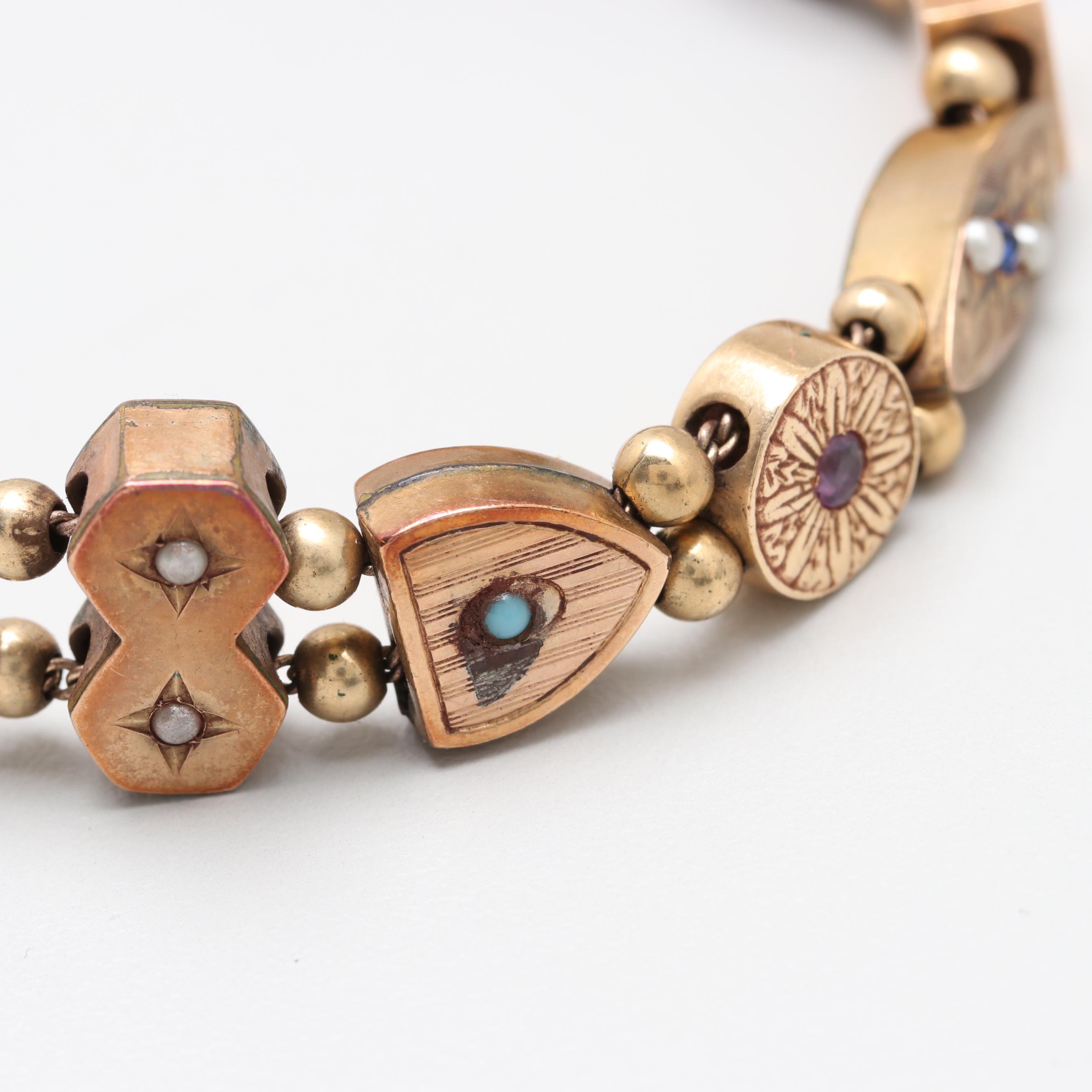 Victorian Gold Tone Seed Pearl, Amethyst and Opal Slide Charm Bracelet