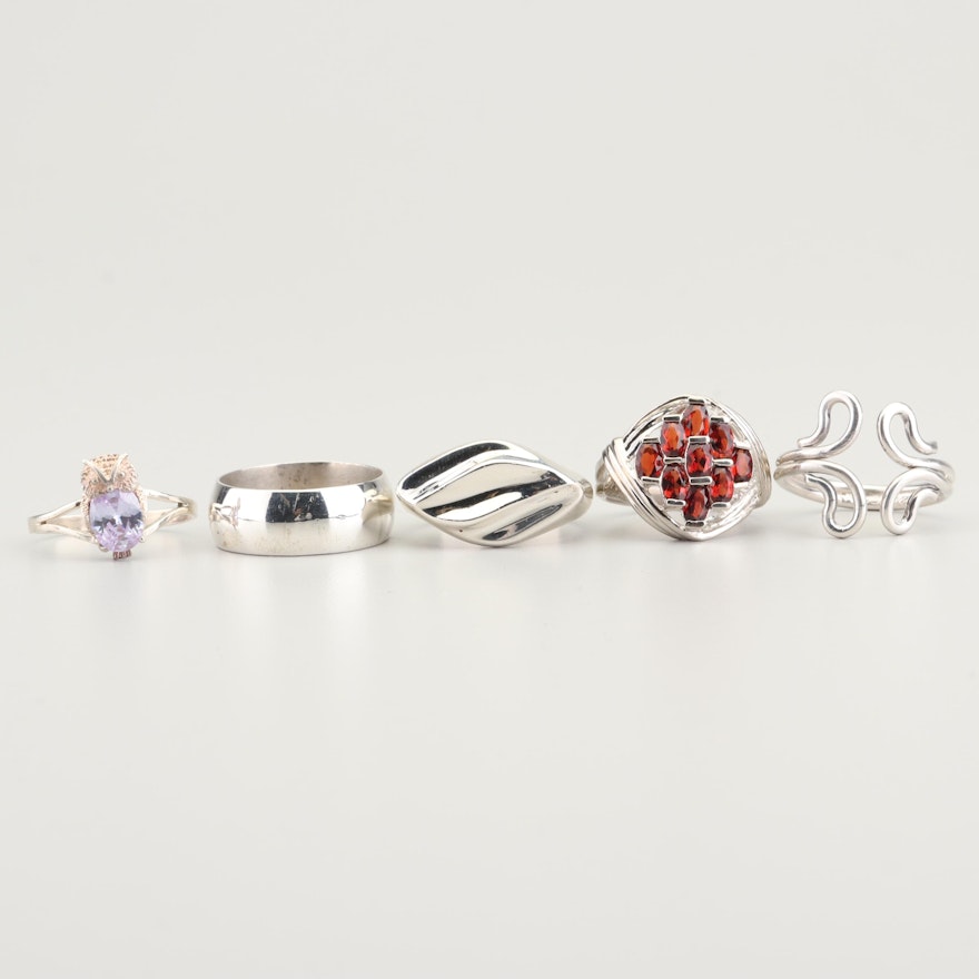 Sterling Silver Rings Including Garnet and Glass