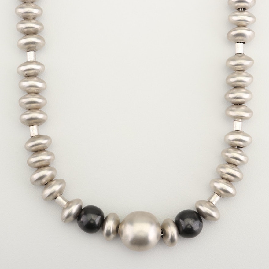 Taxco Sterling Silver Bench Bead Obsidian Accented Necklace