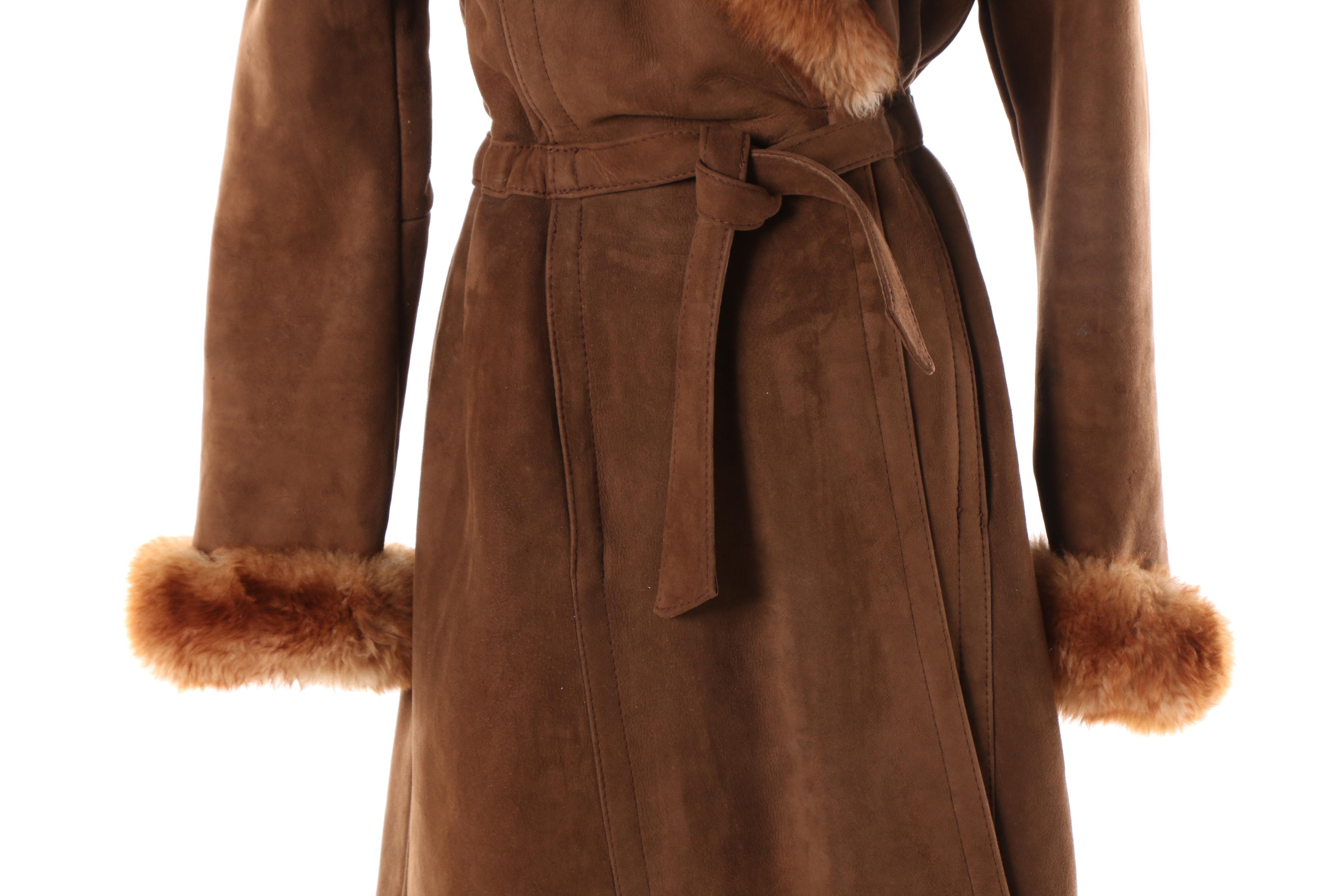 Vintage Brown Suede Coat with Shearling Lining and Trim, Made in France