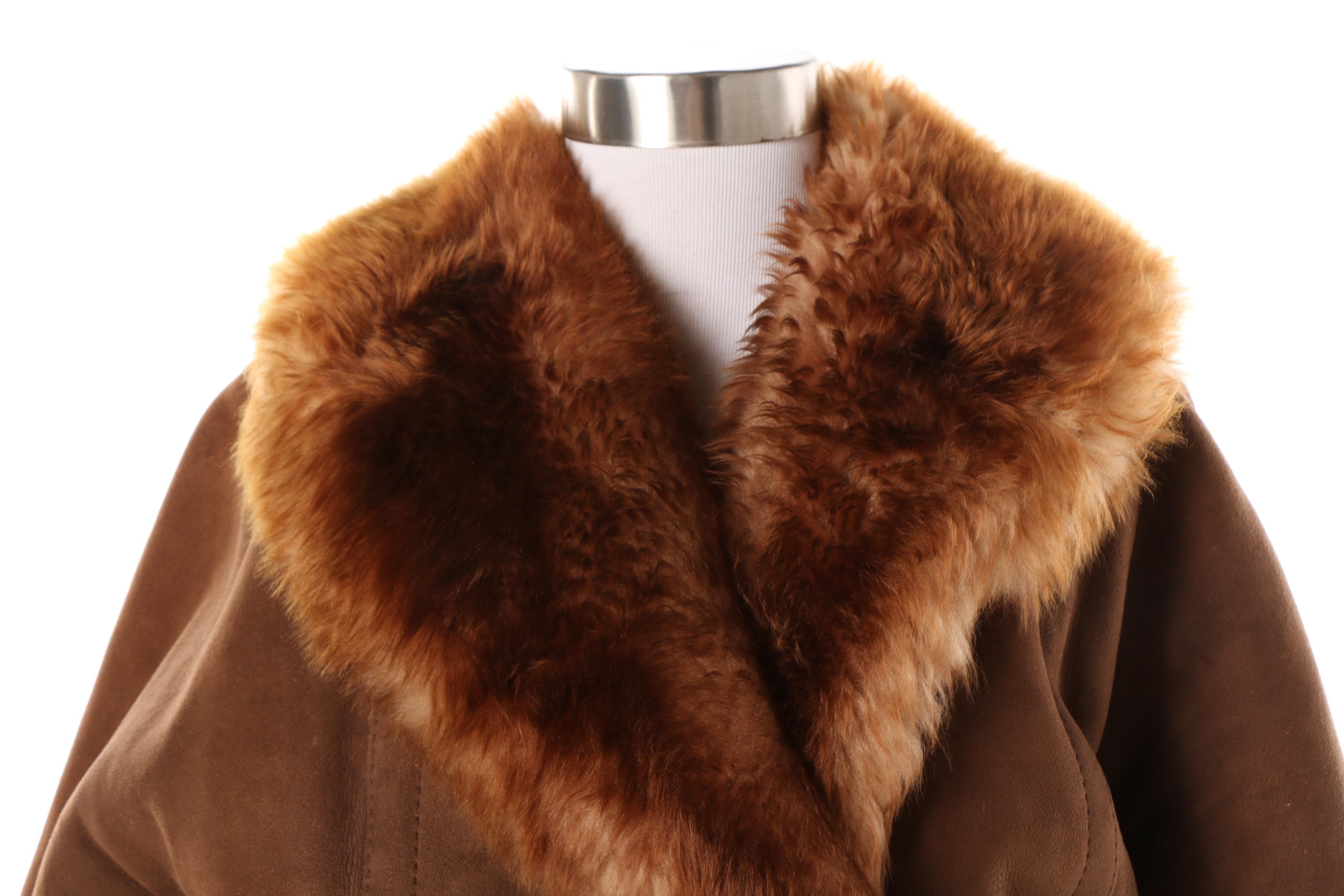 Vintage Brown Suede Coat with Shearling Lining and Trim, Made in France