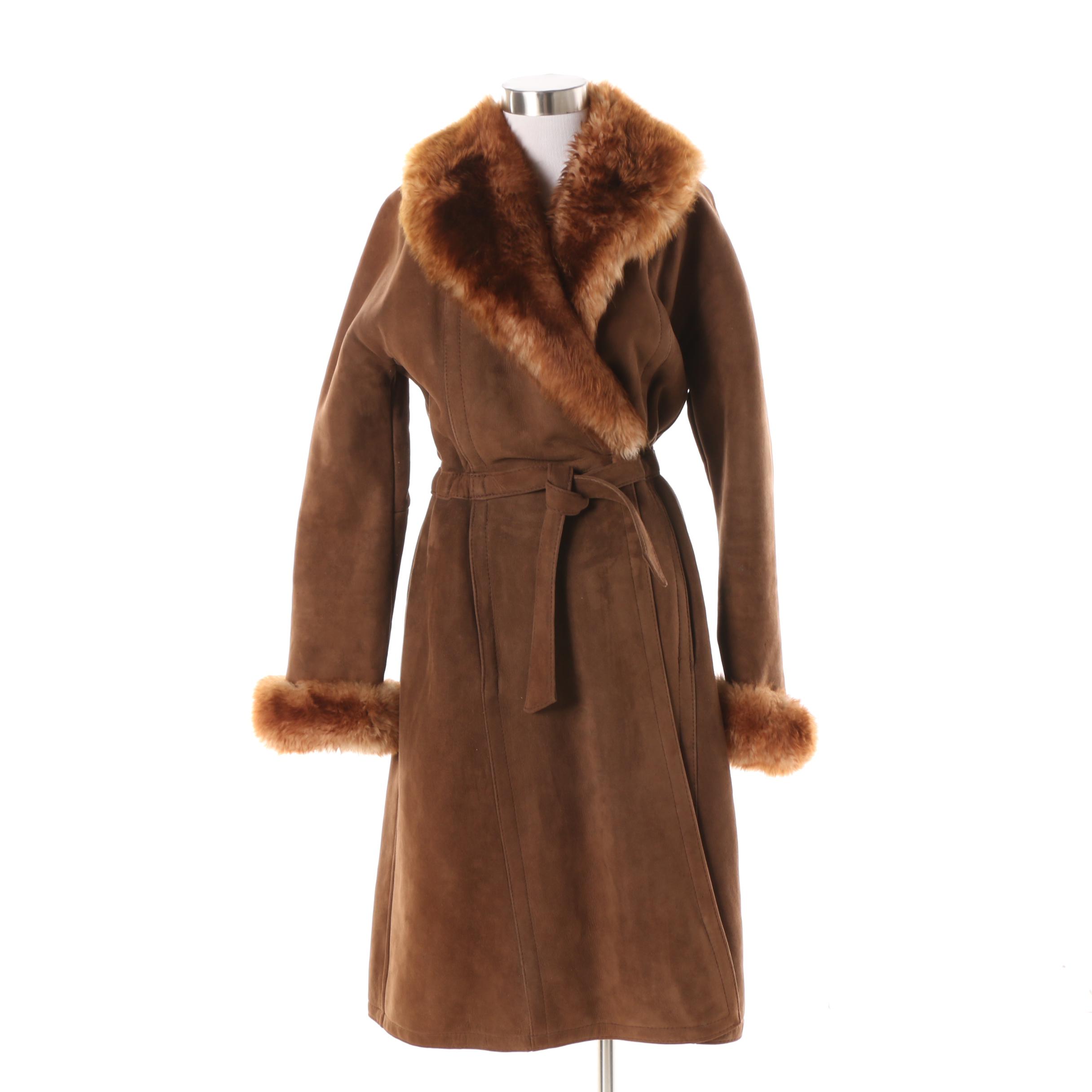 Vintage Brown Suede Coat with Shearling Lining and Trim, Made in France