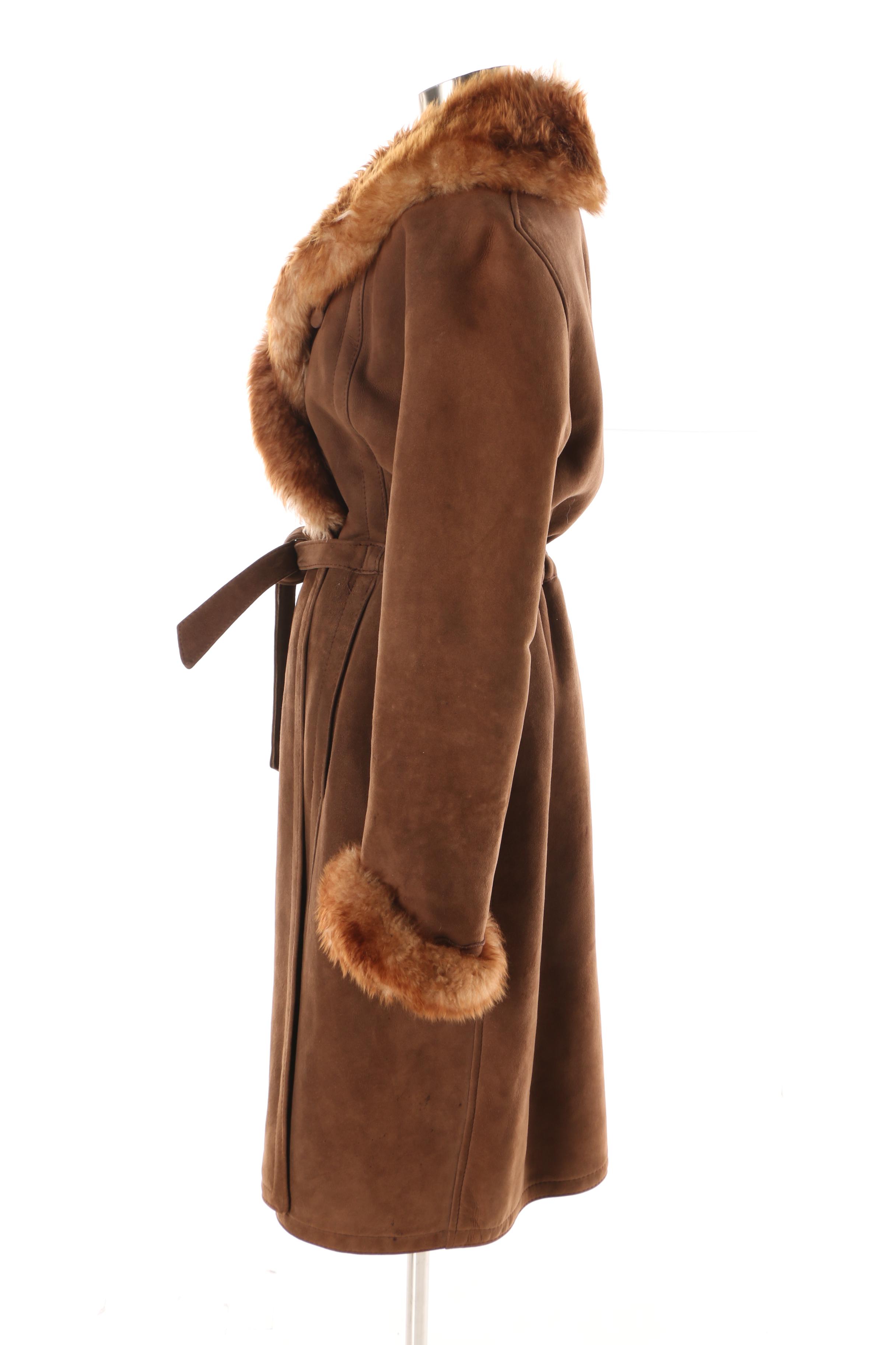 Vintage Brown Suede Coat with Shearling Lining and Trim, Made in France