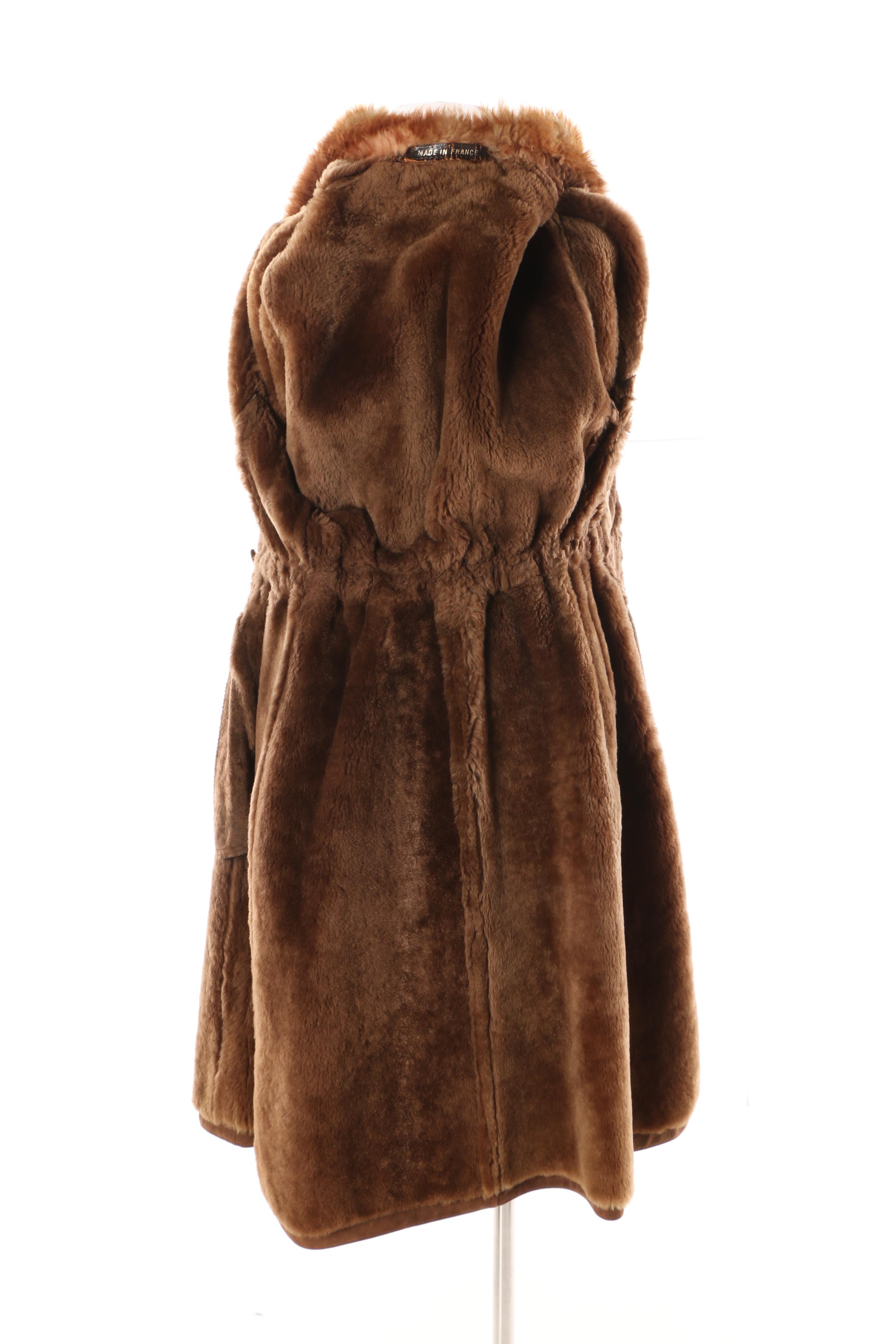 Vintage Brown Suede Coat with Shearling Lining and Trim, Made in France