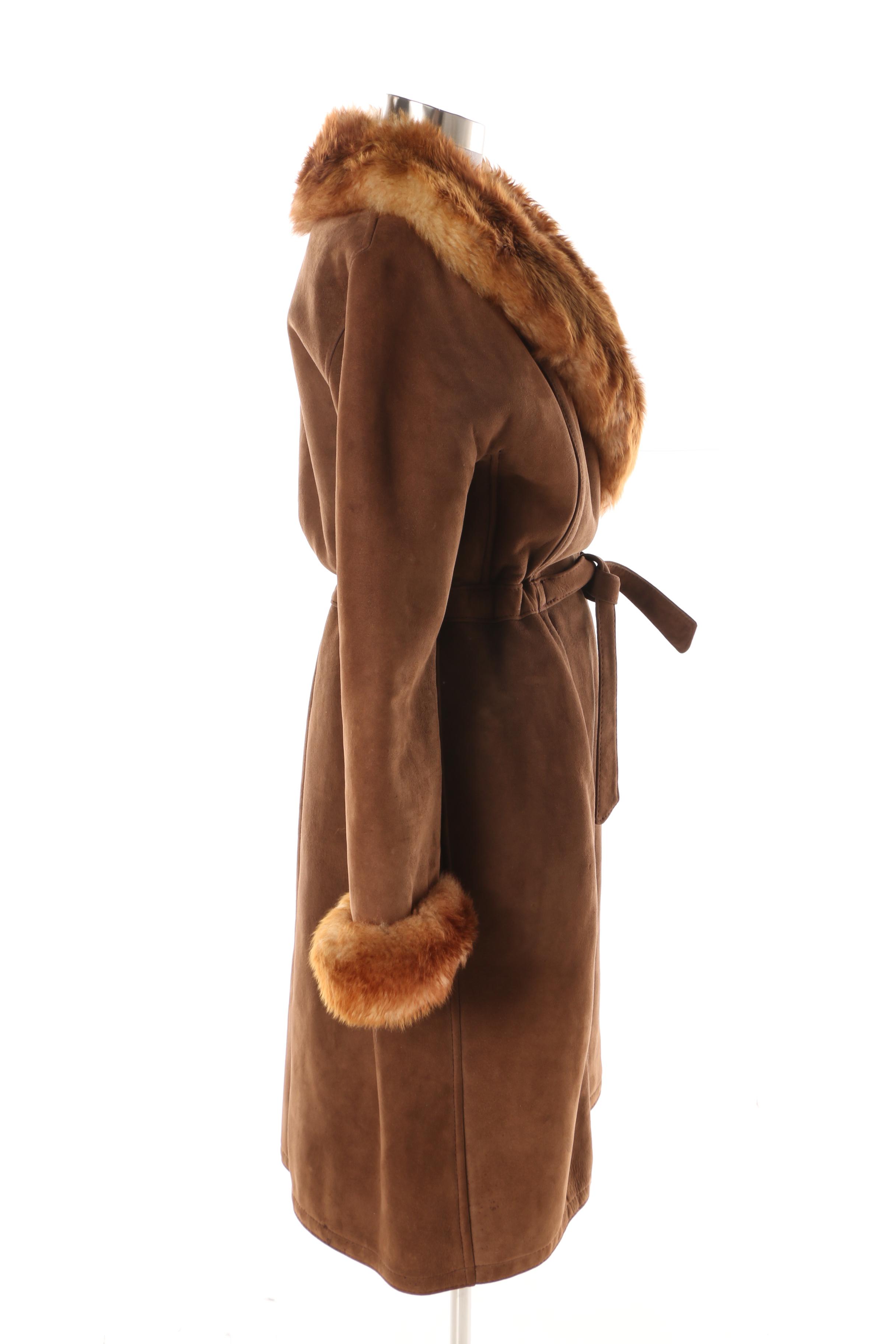 Vintage Brown Suede Coat with Shearling Lining and Trim, Made in France