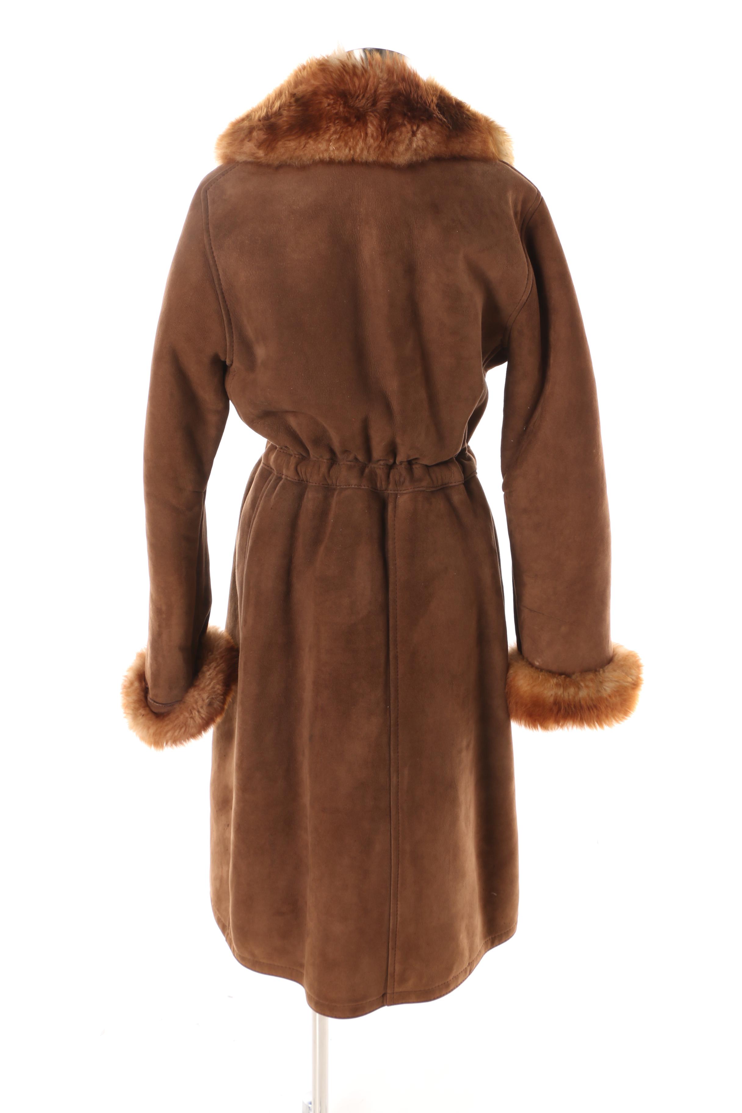 Vintage Brown Suede Coat with Shearling Lining and Trim, Made in France