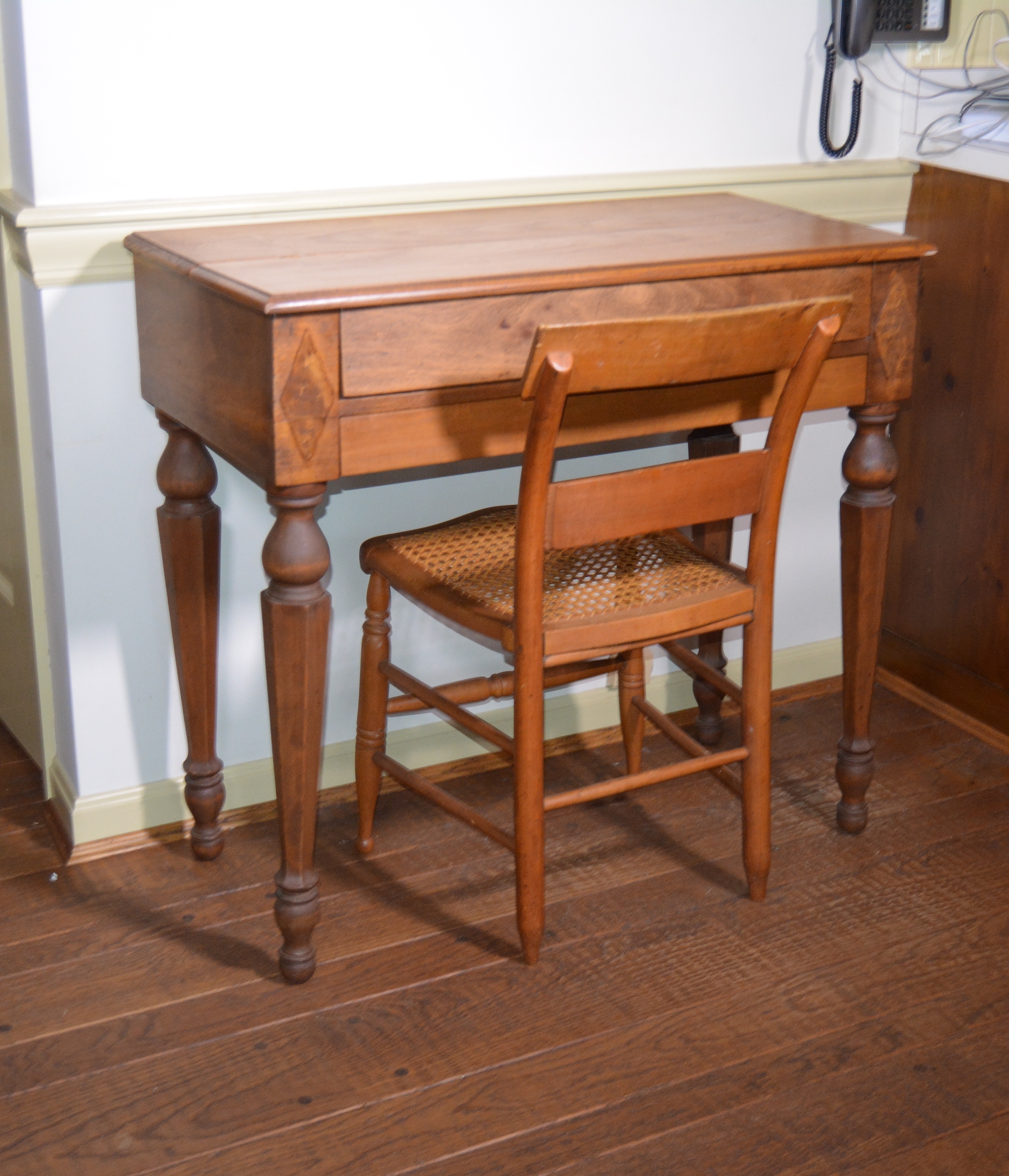 American Empire Flip Top Writing Desk and Cane Chair, Early 20th Century