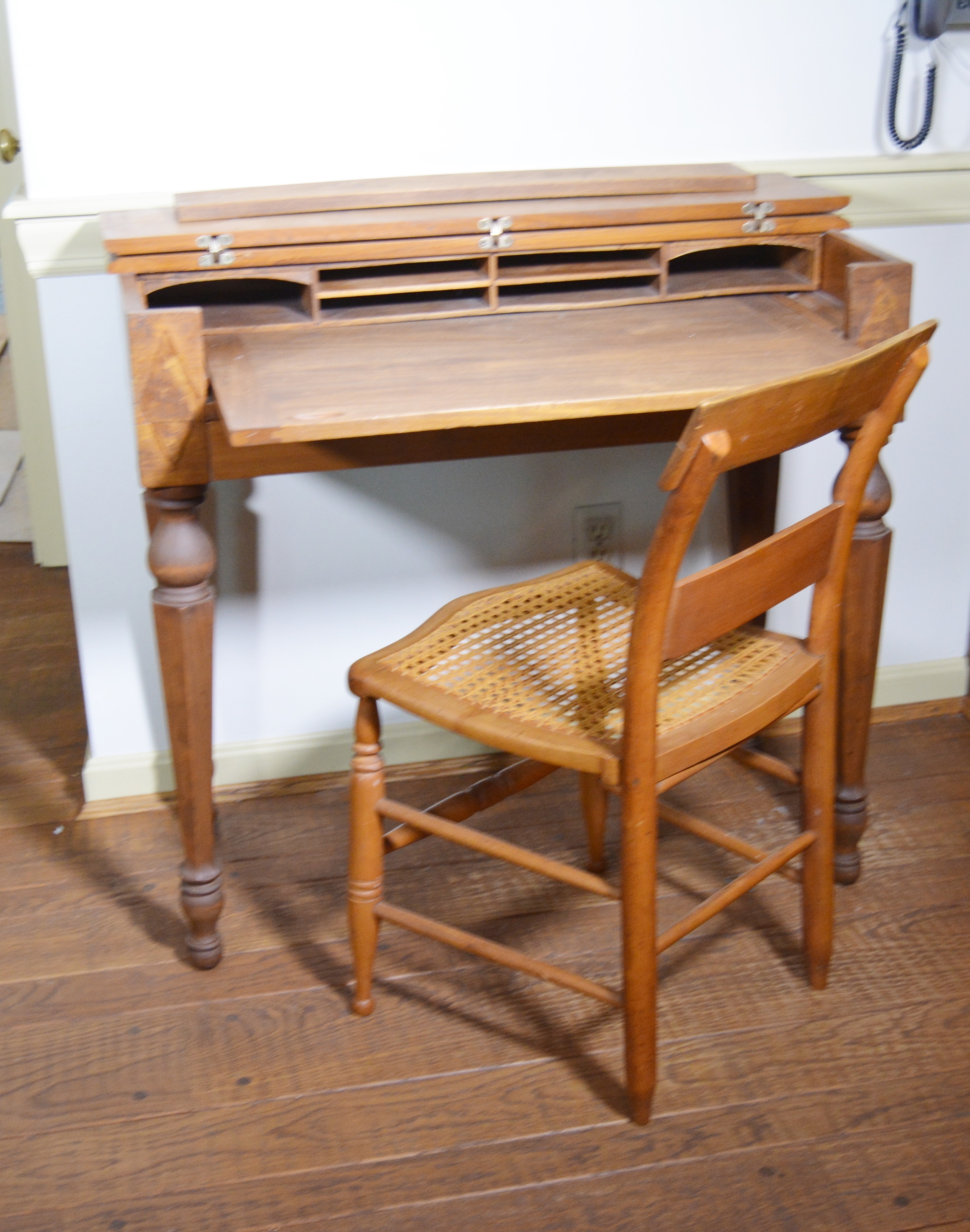 American Empire Flip Top Writing Desk and Cane Chair, Early 20th Century