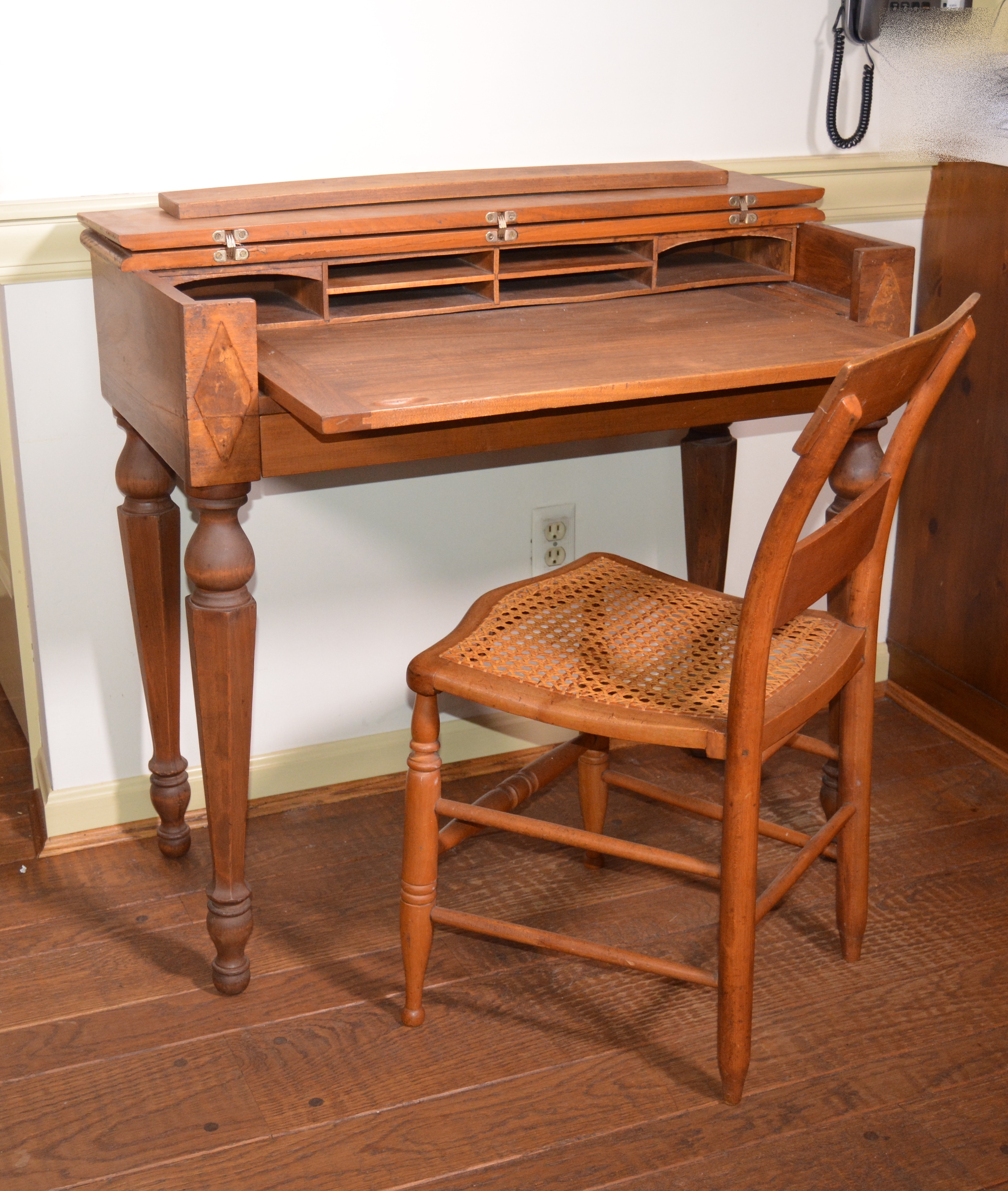 American Empire Flip Top Writing Desk and Cane Chair, Early 20th Century