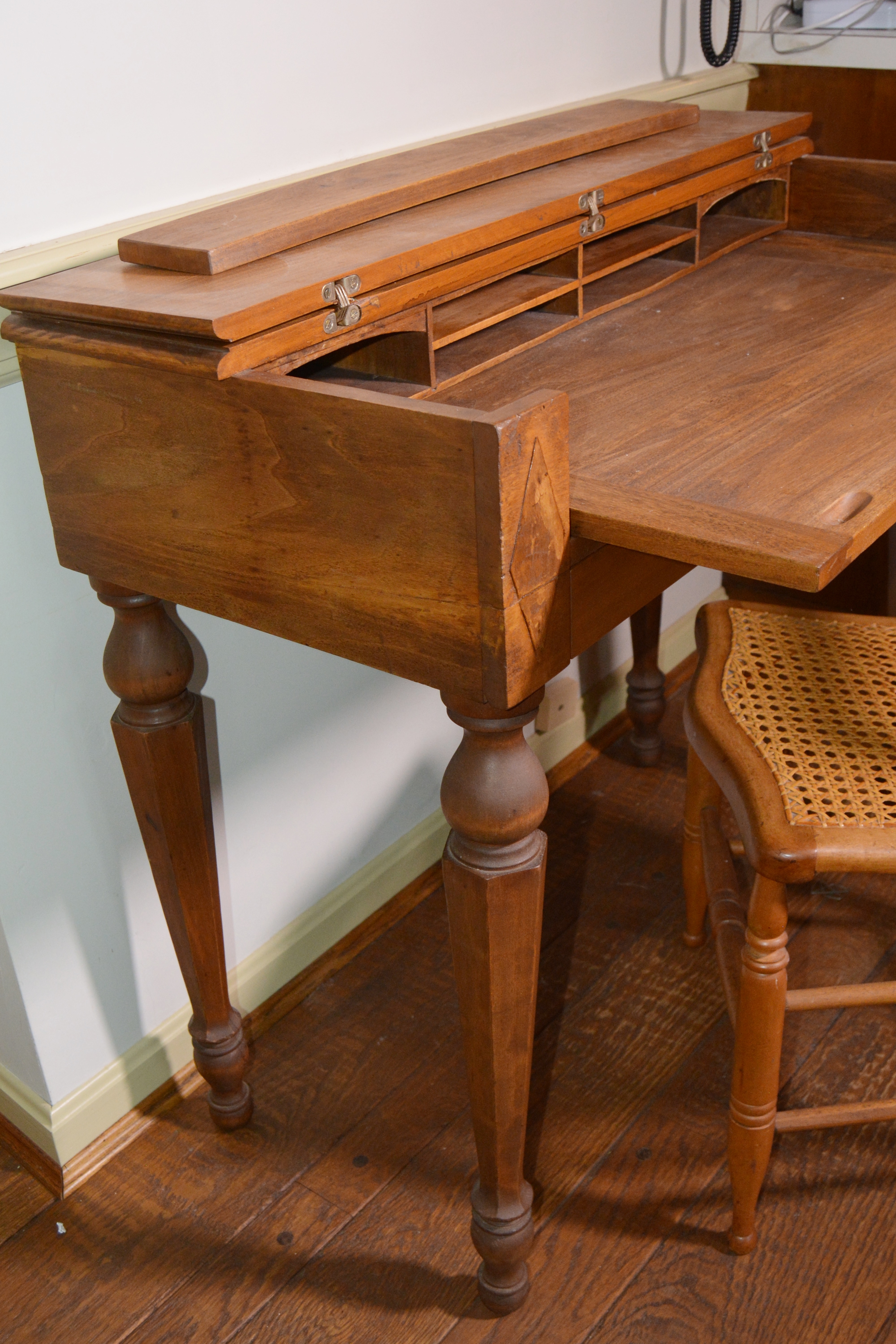 American Empire Flip Top Writing Desk and Cane Chair, Early 20th Century