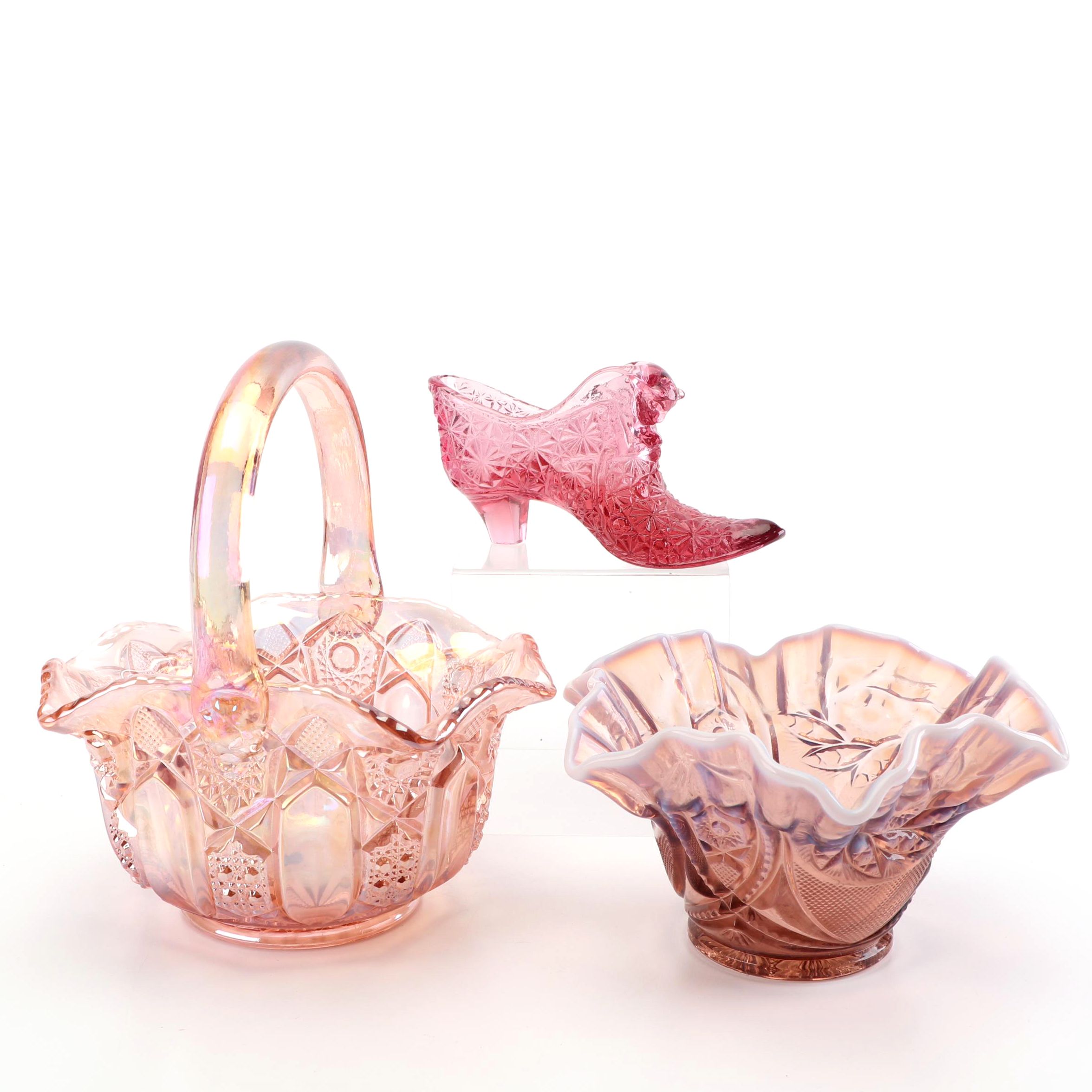 L.E. Smith "Quintec" Carnival Glass Basket and Fenton Style Glass Decor