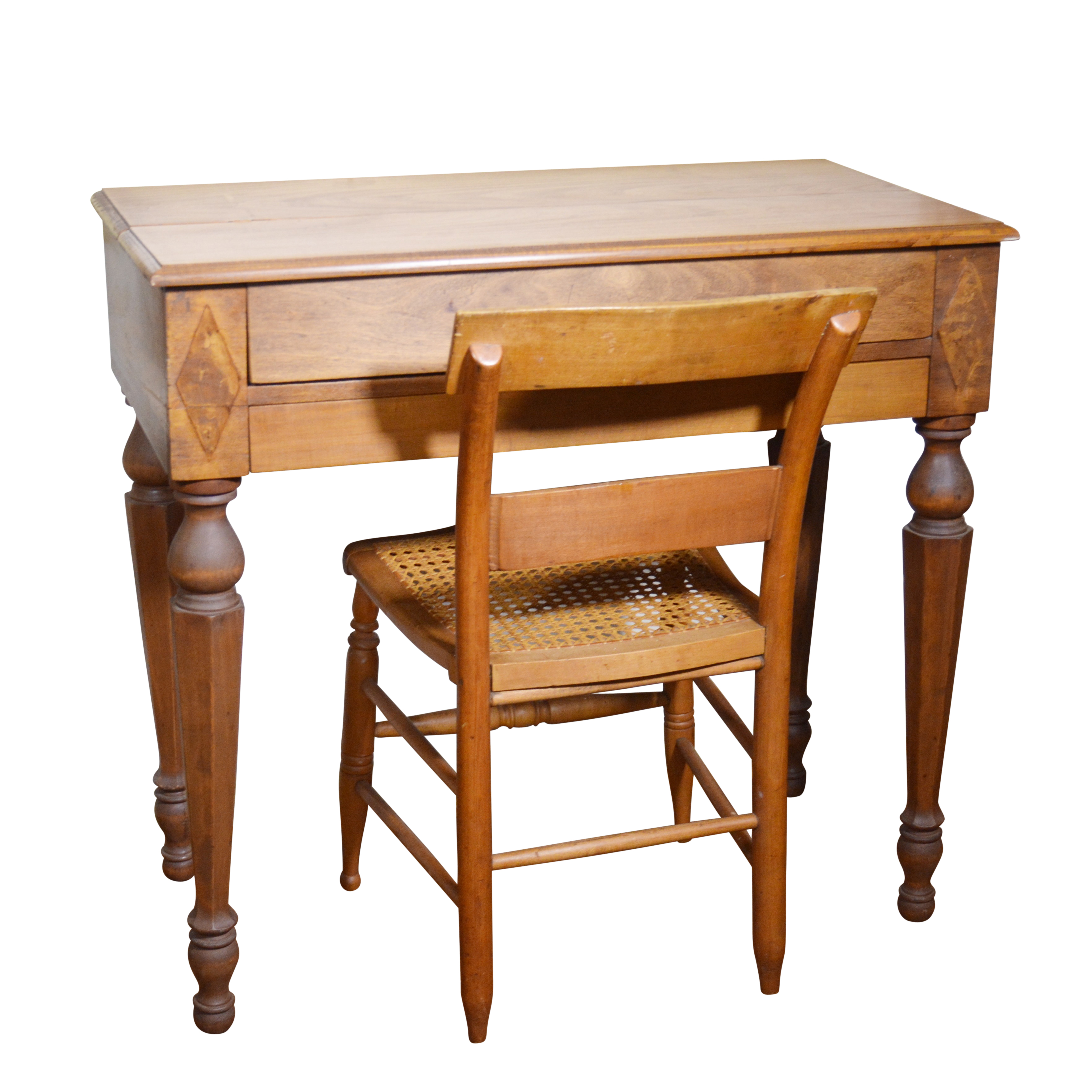 American Empire Flip Top Writing Desk and Cane Chair, Early 20th Century