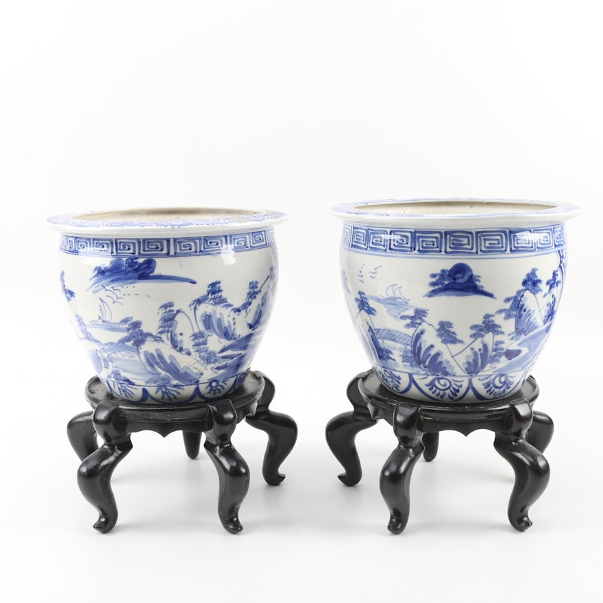 Chinese Porcelain Fish Bowl Planters with Wood Stands