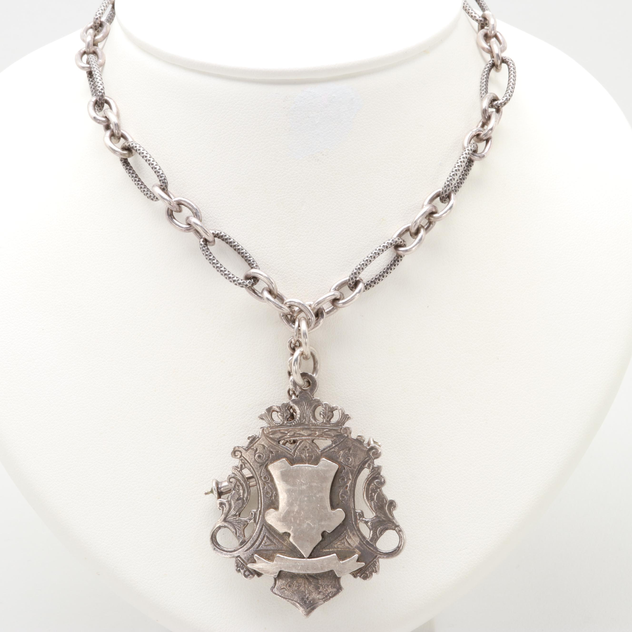 Sterling Silver Textured Fancy Link Chain with Coat of Arms Pendant