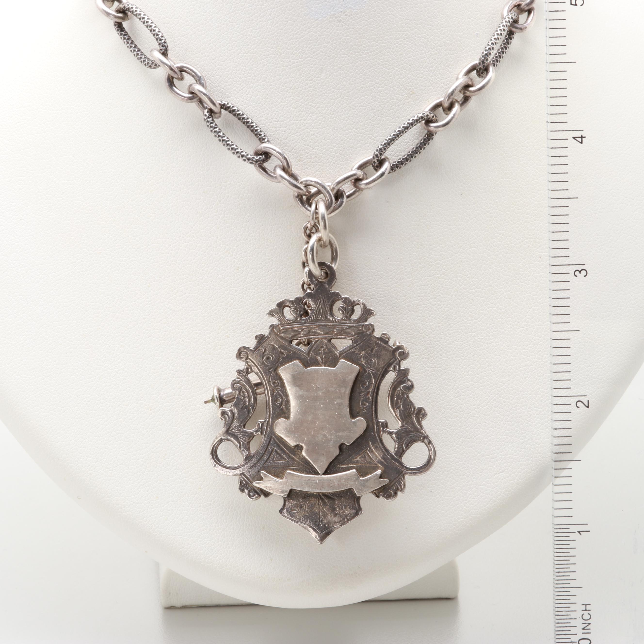 Sterling Silver Textured Fancy Link Chain with Coat of Arms Pendant