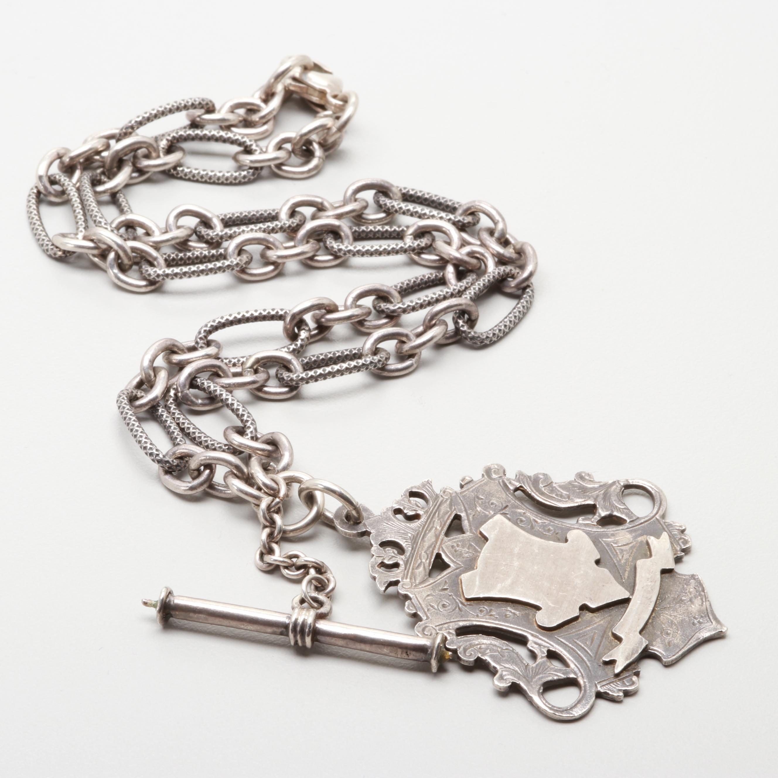 Sterling Silver Textured Fancy Link Chain with Coat of Arms Pendant