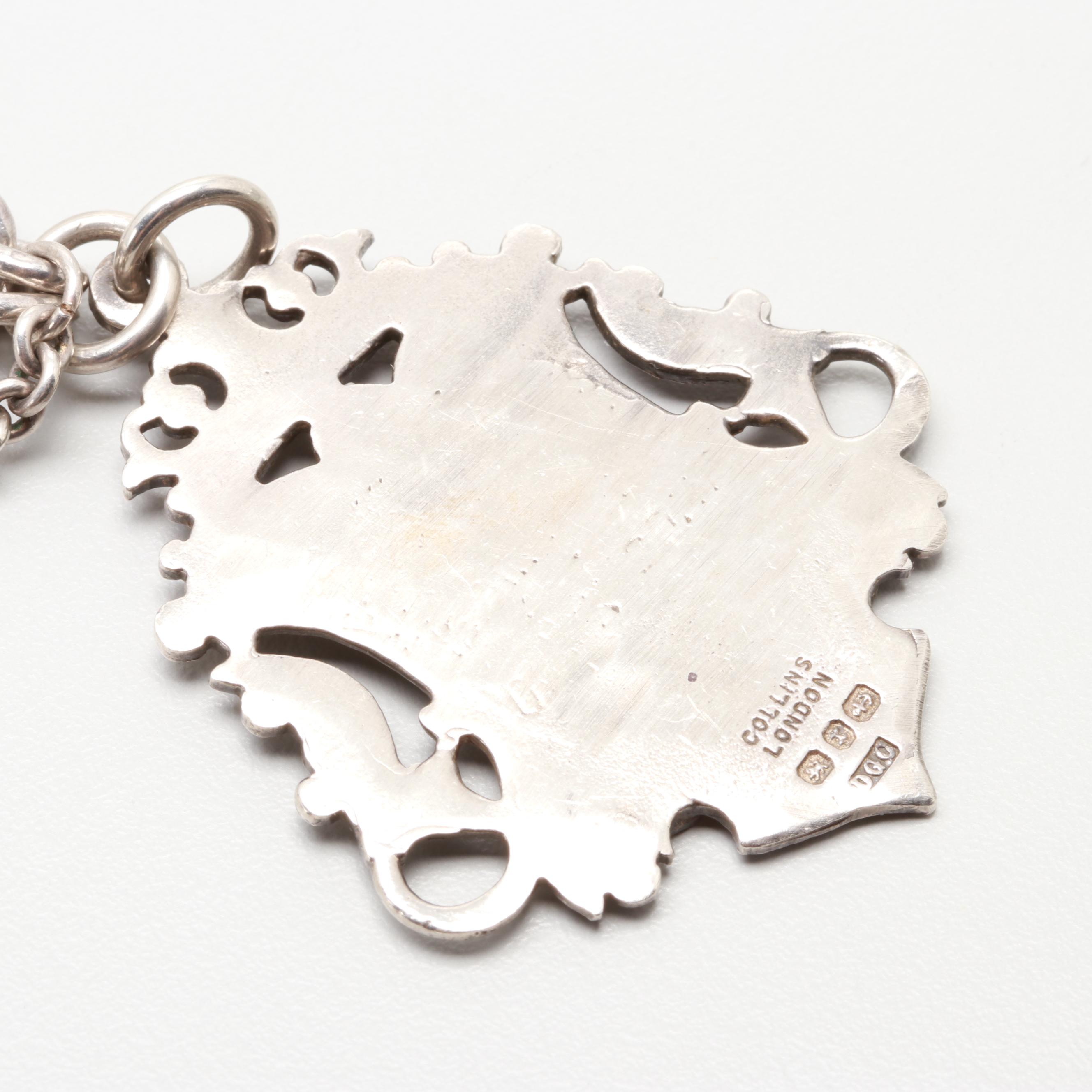 Sterling Silver Textured Fancy Link Chain with Coat of Arms Pendant