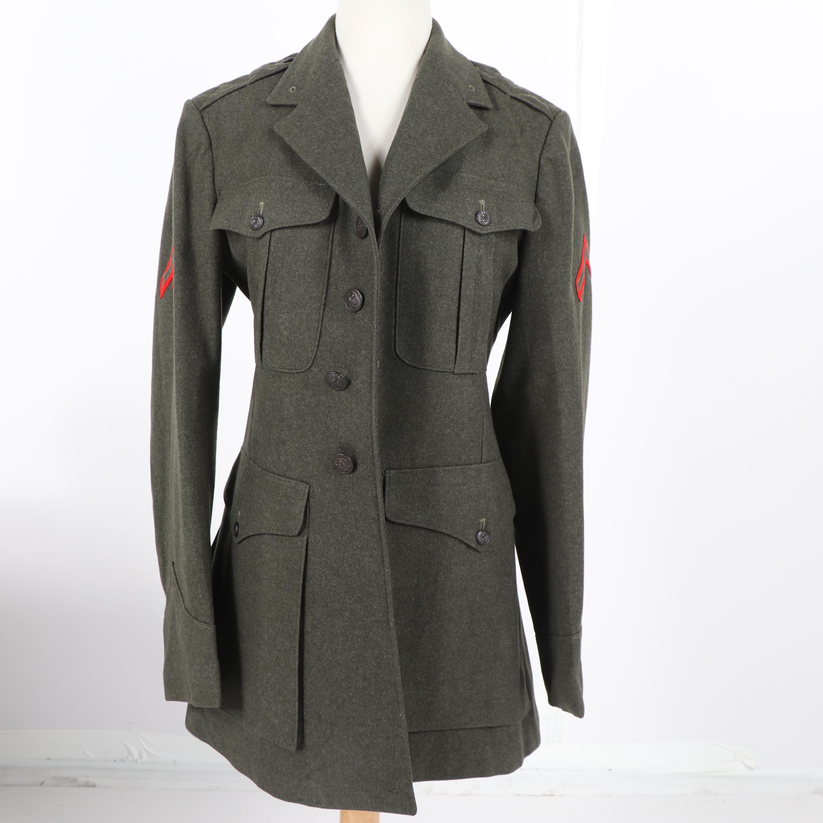 United States Marine PFC Rank Overcoat with Garrison Cap and Belt Buckle