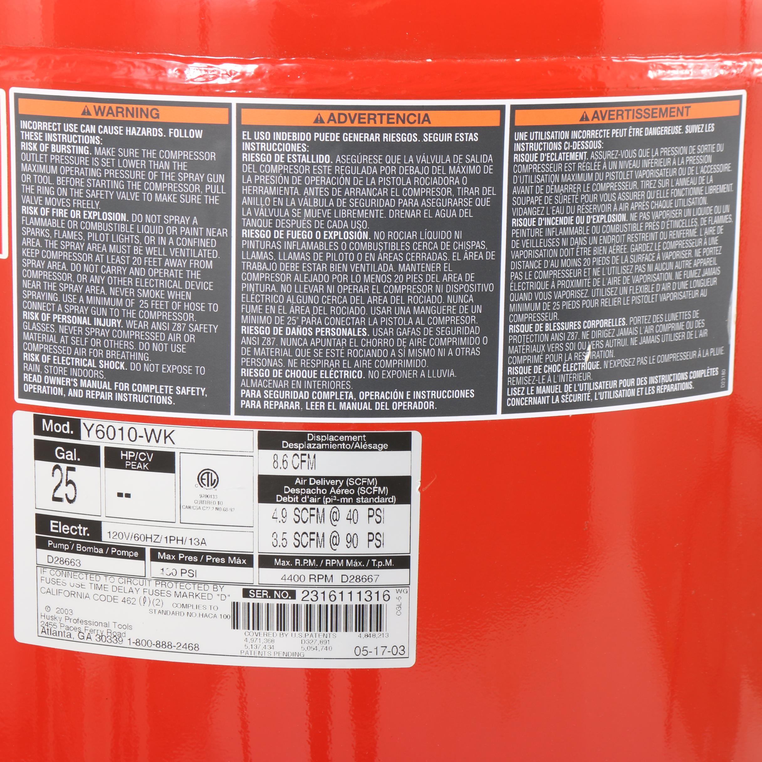 Husky 5.2HP 25 Gallon Air Compressor