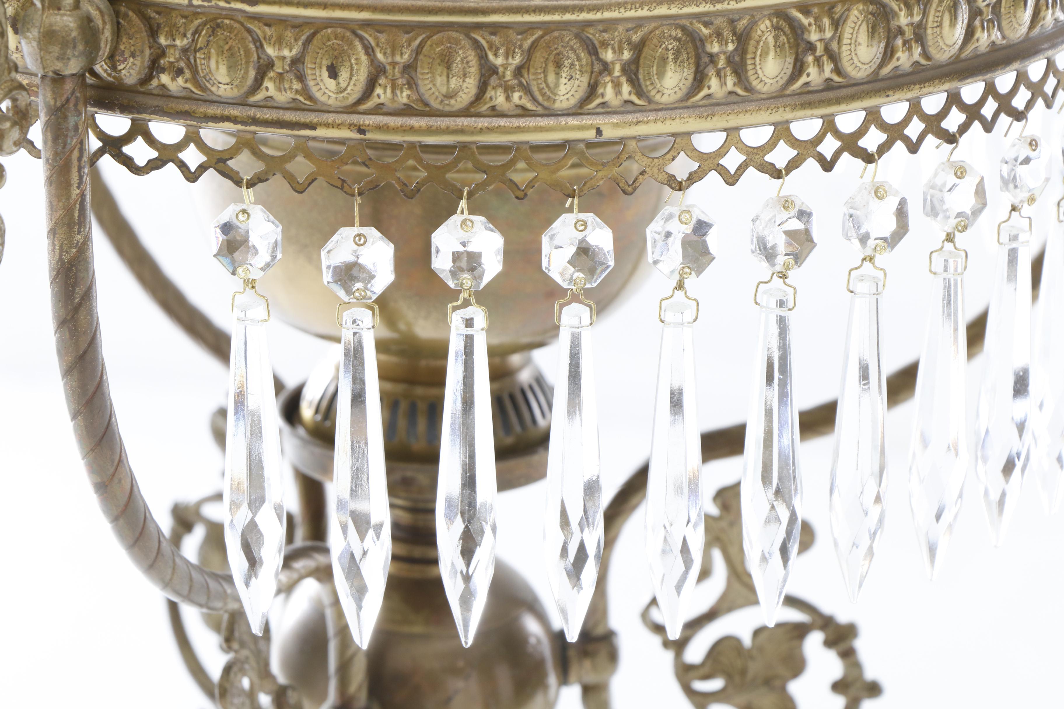 Victorian Duplex Oil Lamp Chandelier with Hand Painted Glass Shade