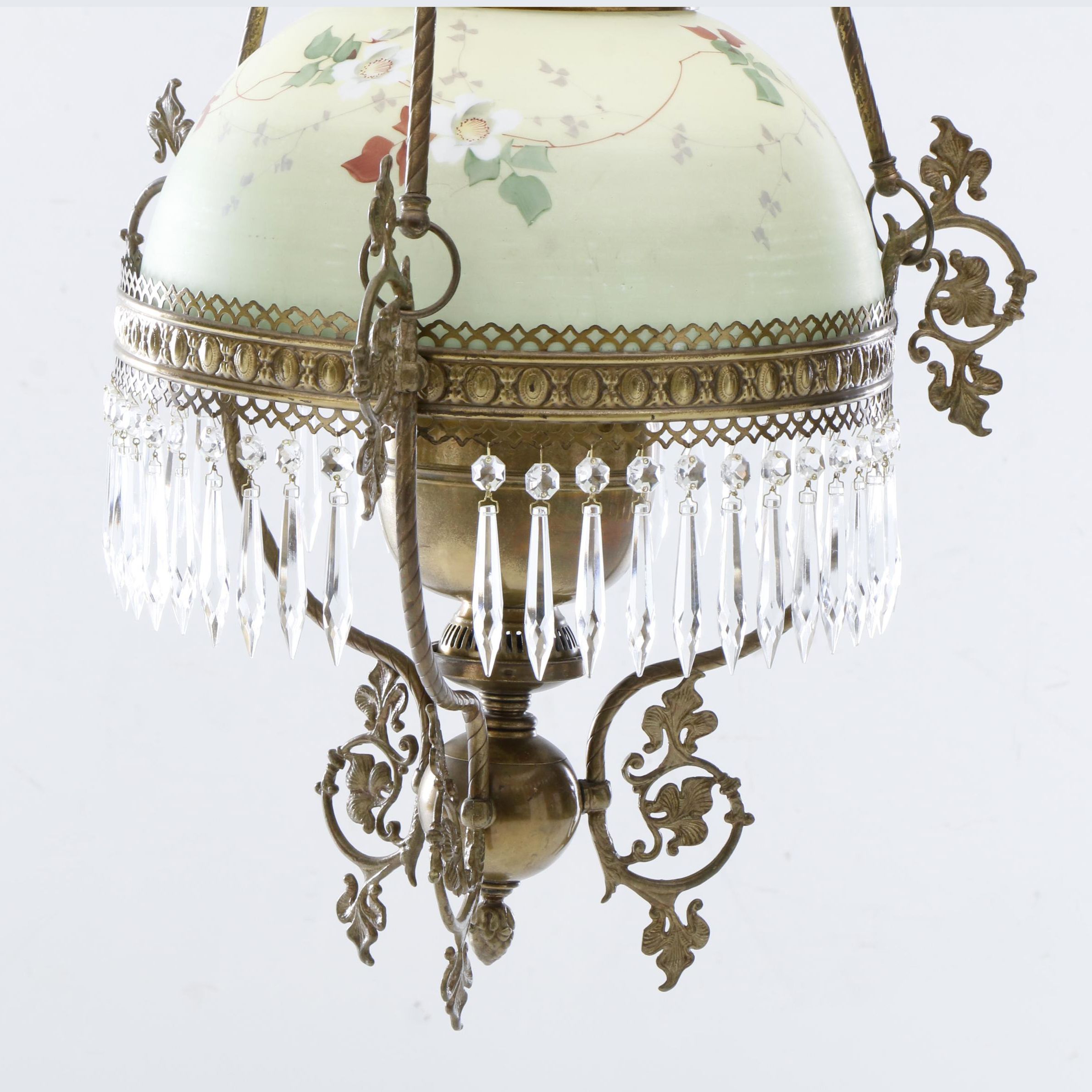 Victorian Duplex Oil Lamp Chandelier with Hand Painted Glass Shade