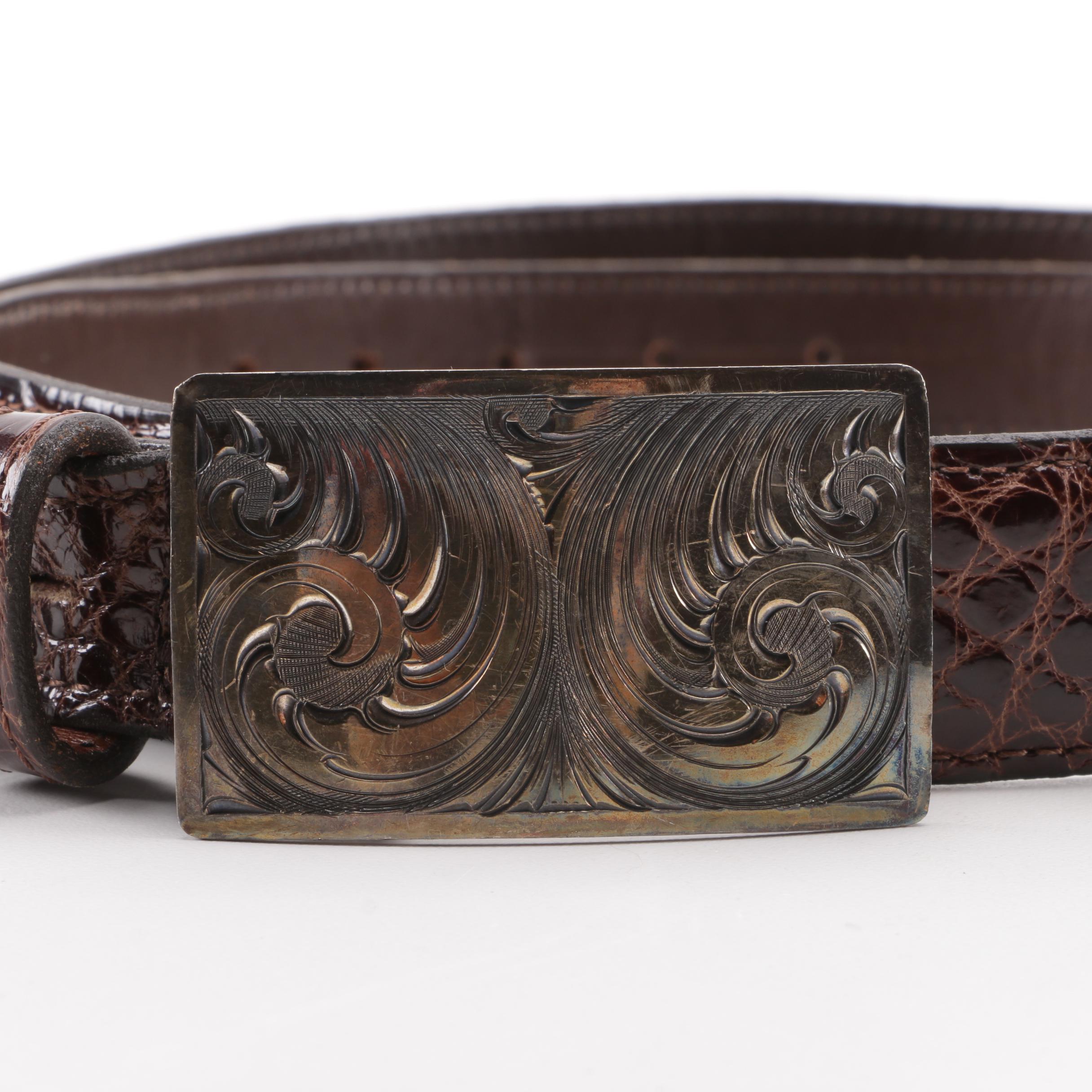 Matt Hackett Engraved Sterling Silver Buckle with Alligator Skin Leather Belt