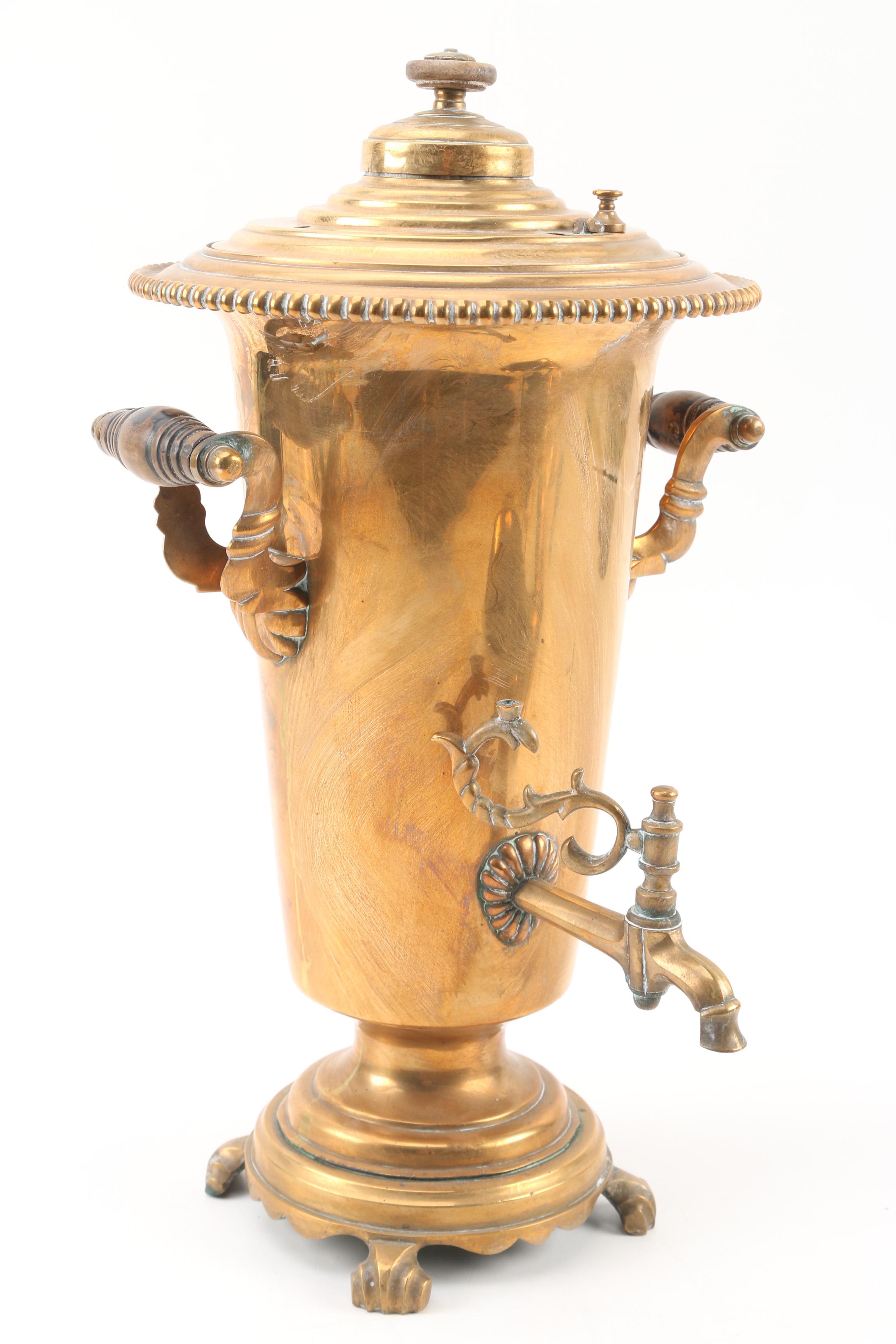 Russian Brass Samovar with Bowl and Tray, Early 20th Century