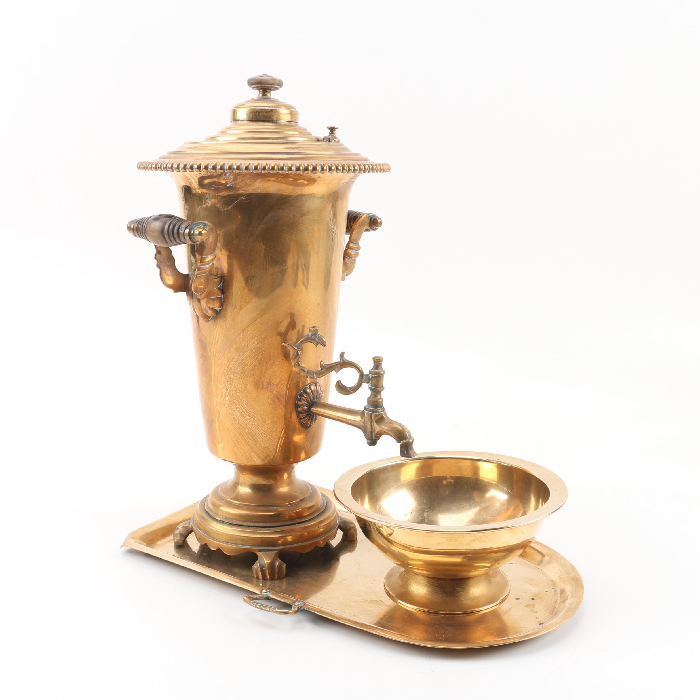 Russian Brass Samovar with Bowl and Tray, Early 20th Century