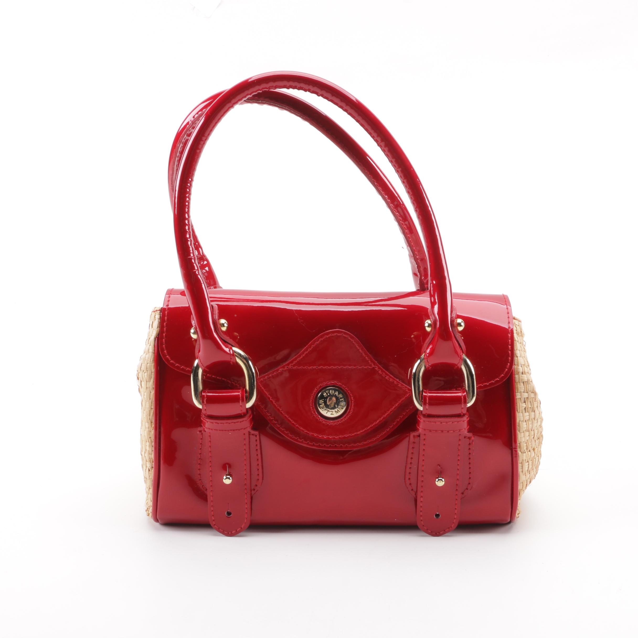 Stuart Weitzman Red Patent Leather and Straw Handbag with Other Clutch Wristlets