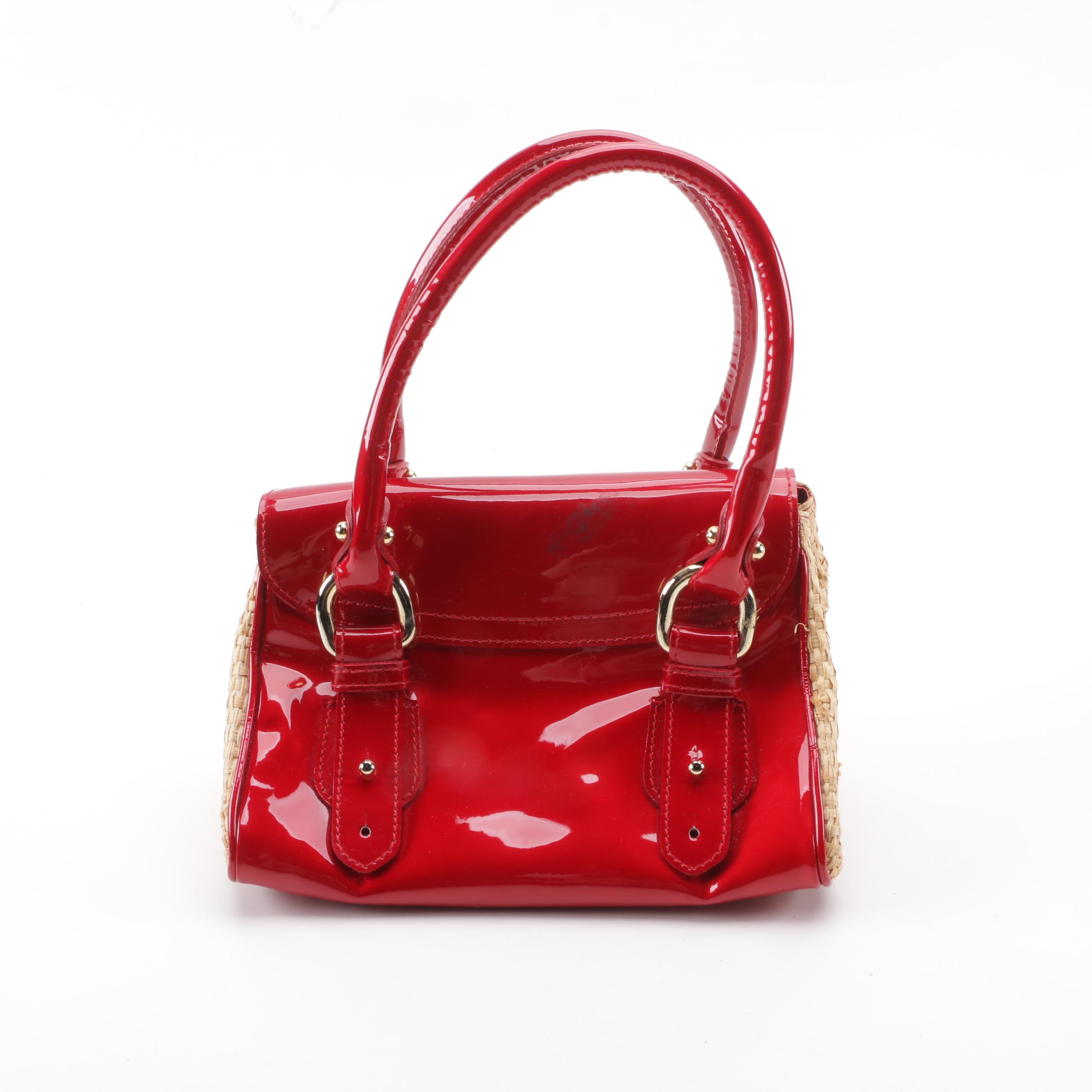 Stuart Weitzman Red Patent Leather and Straw Handbag with Other Clutch Wristlets