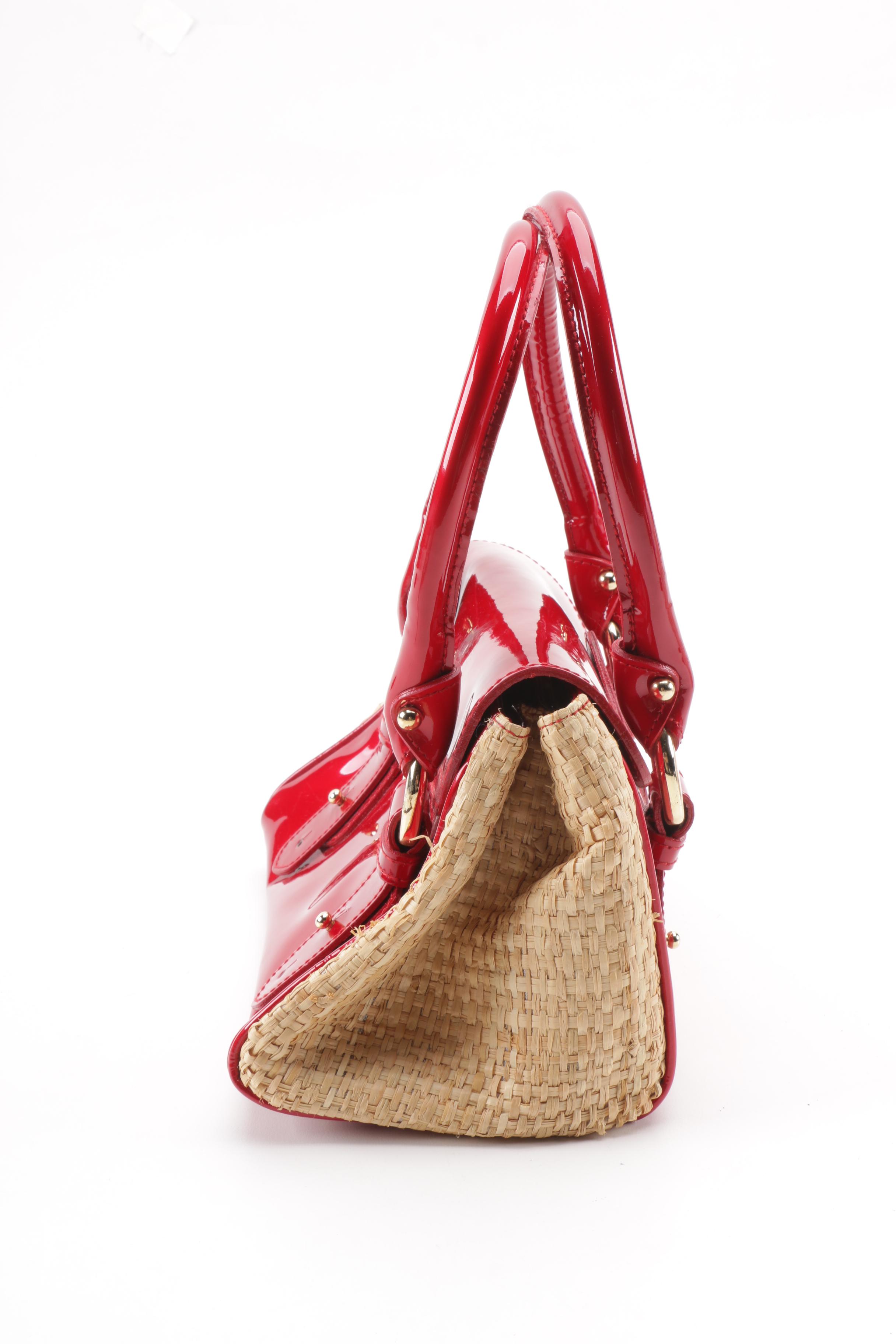 Stuart Weitzman Red Patent Leather and Straw Handbag with Other Clutch Wristlets